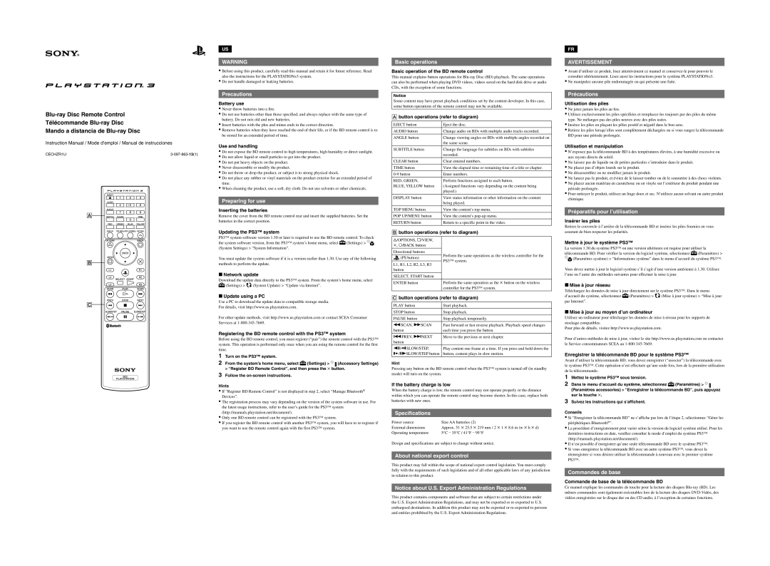 Sony 3-097-863-13 instruction manual Precautions, Preparing for use, Basic operations, Specifications, Précautions 