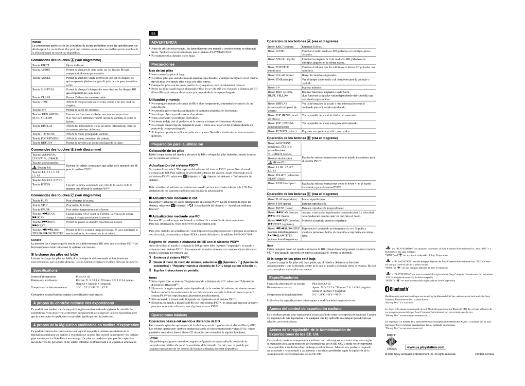 Sony CECHZR1U Spécifications, Propos du contrôle national des exportations, Precauciones, Preparación para la utilización 