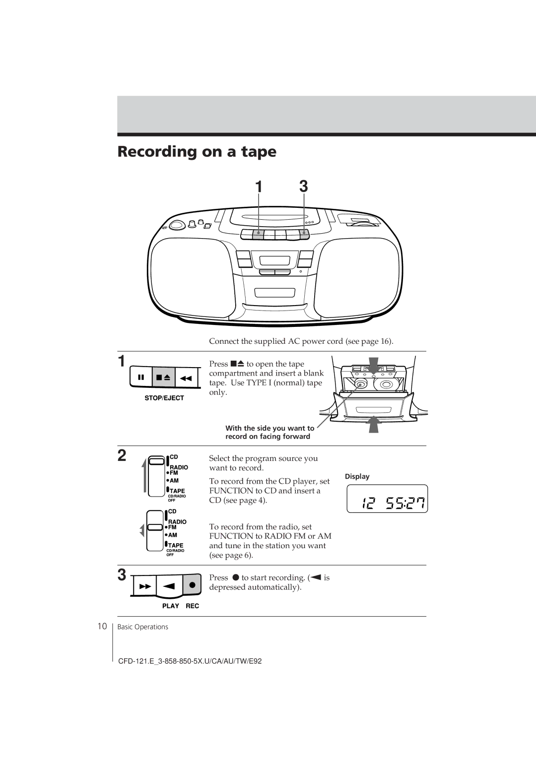 Sony CFD-121 manual Recording on a tape, With the side you want to Record on facing forward, Display 