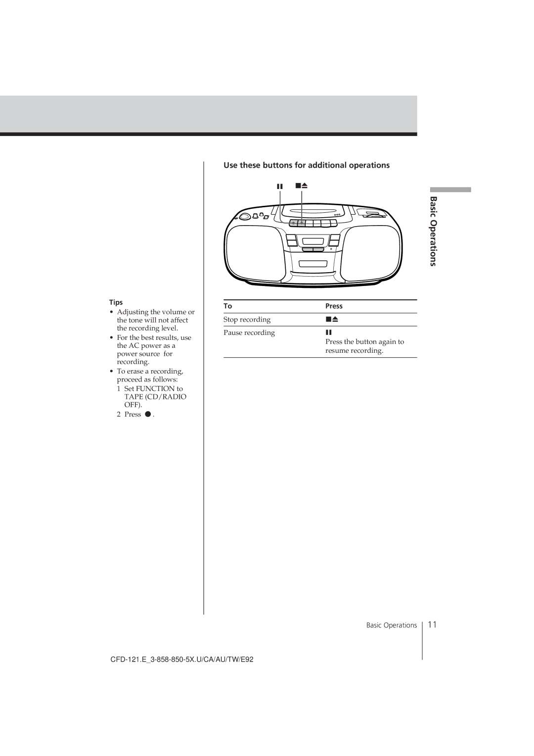 Sony CFD-121 manual Tips, Press 