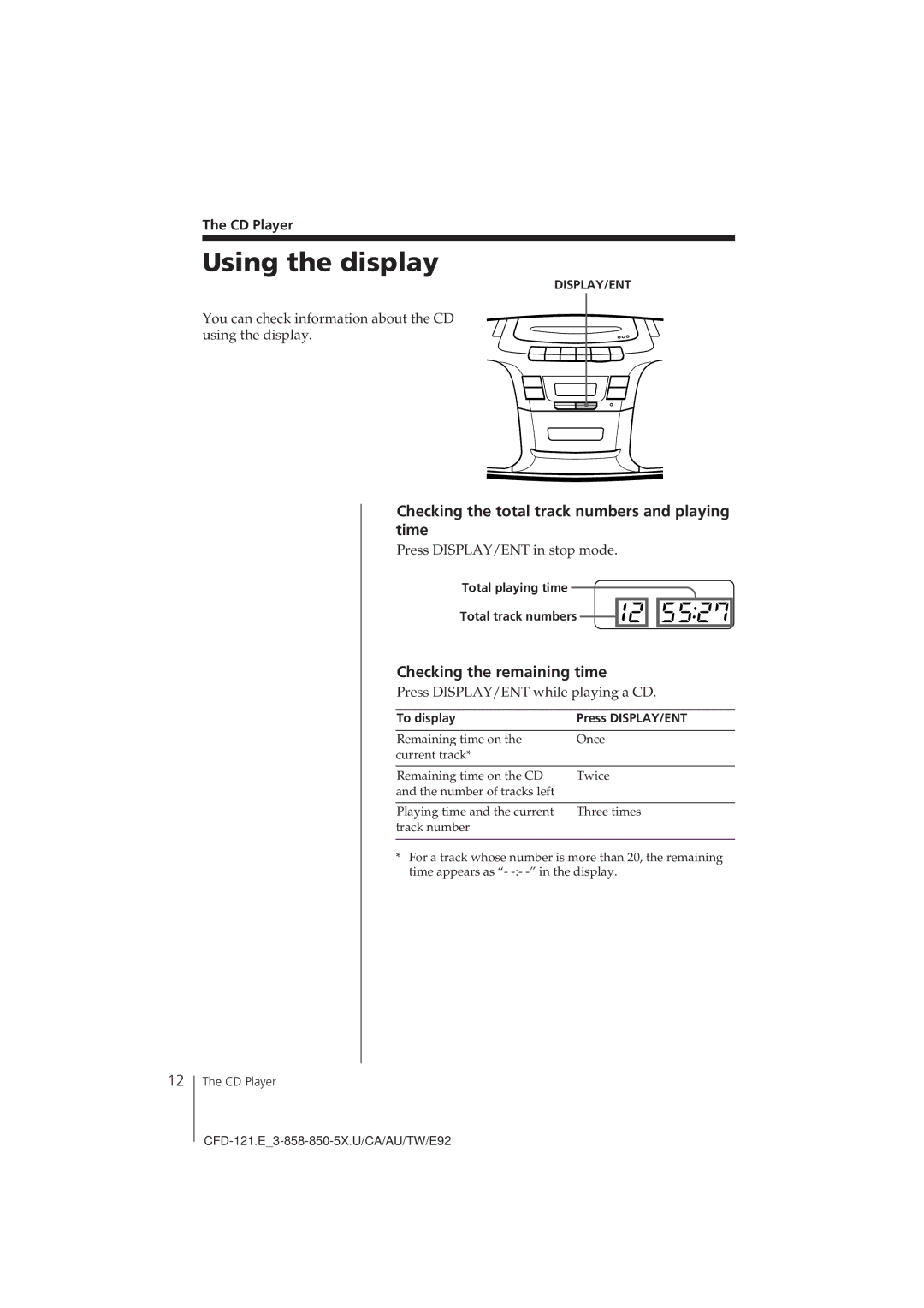 Sony CFD-121 Using the display, Checking the total track numbers and playing time, Checking the remaining time, CD Player 