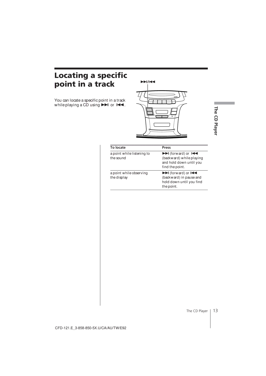 Sony CFD-121 manual Locating a specific Point in a track, To locate Press 