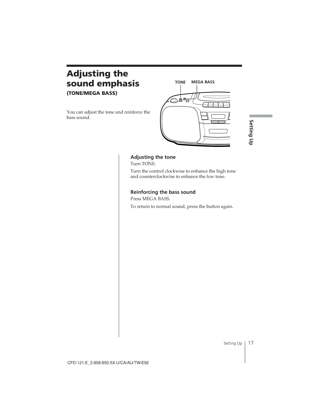 Sony CFD-121 manual Adjusting the sound emphasis, Setting Up Adjusting the tone, Reinforcing the bass sound 