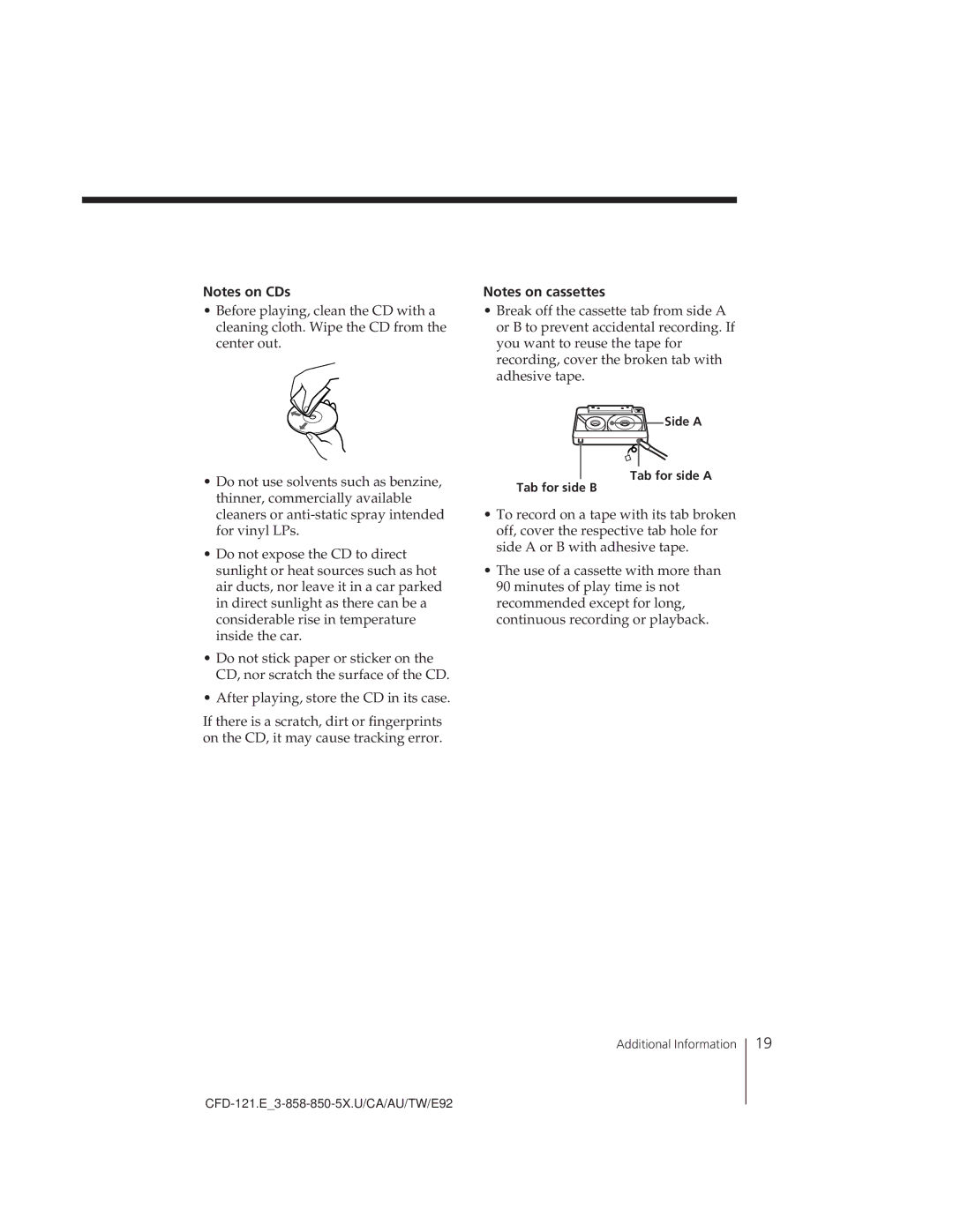 Sony CFD-121 manual Side a, Tab for side a Tab for side B 