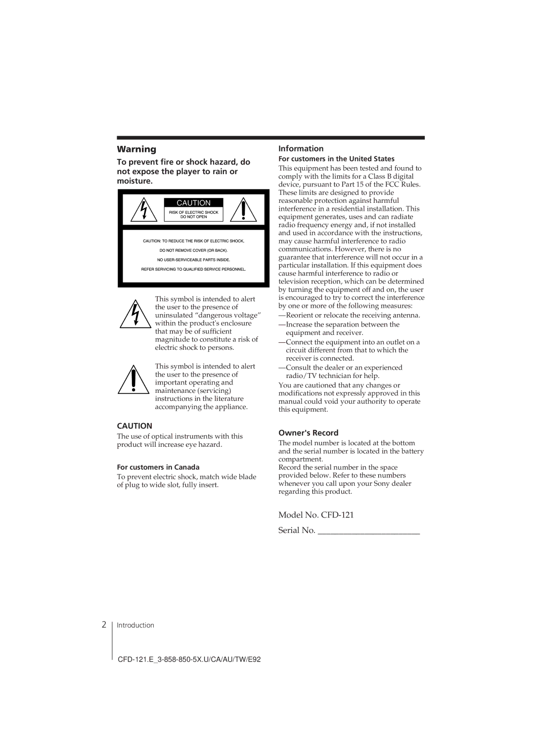 Sony CFD-121 manual Information, Owners Record, For customers in Canada, For customers in the United States 