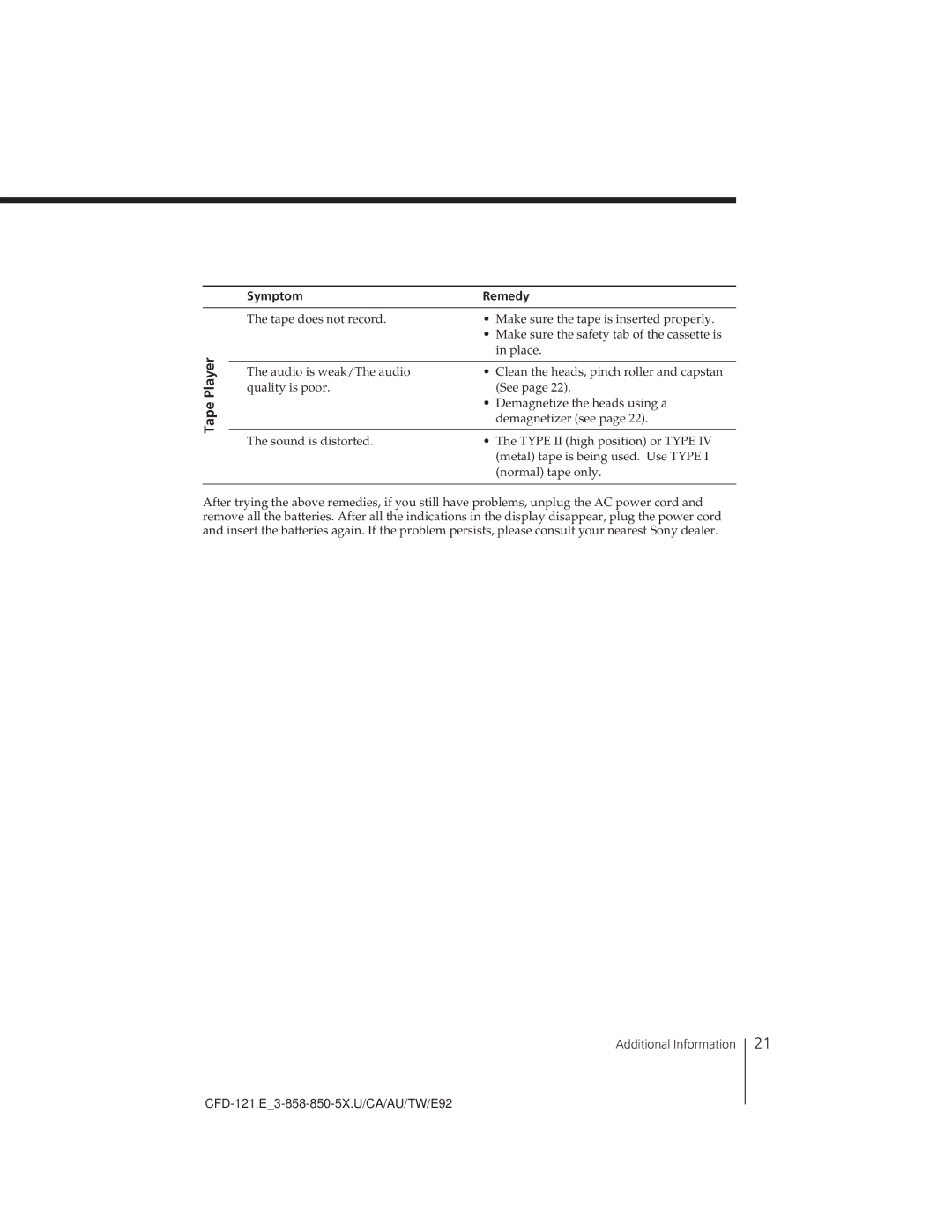 Sony CFD-121 manual Place 