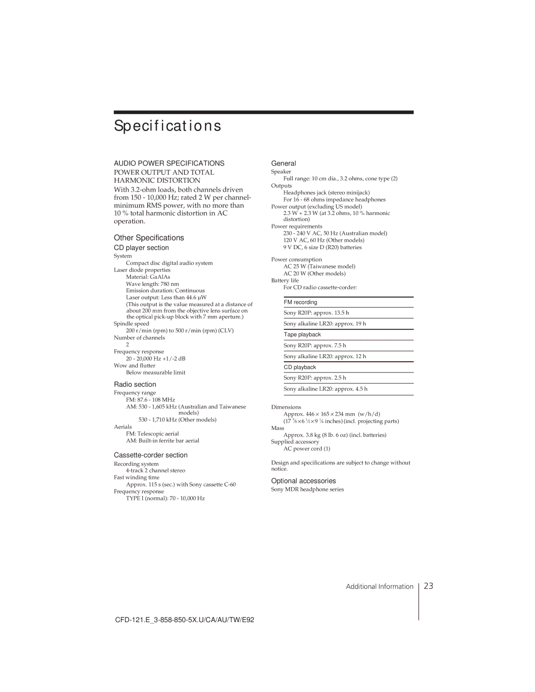 Sony CFD-121 manual Other Specifications 