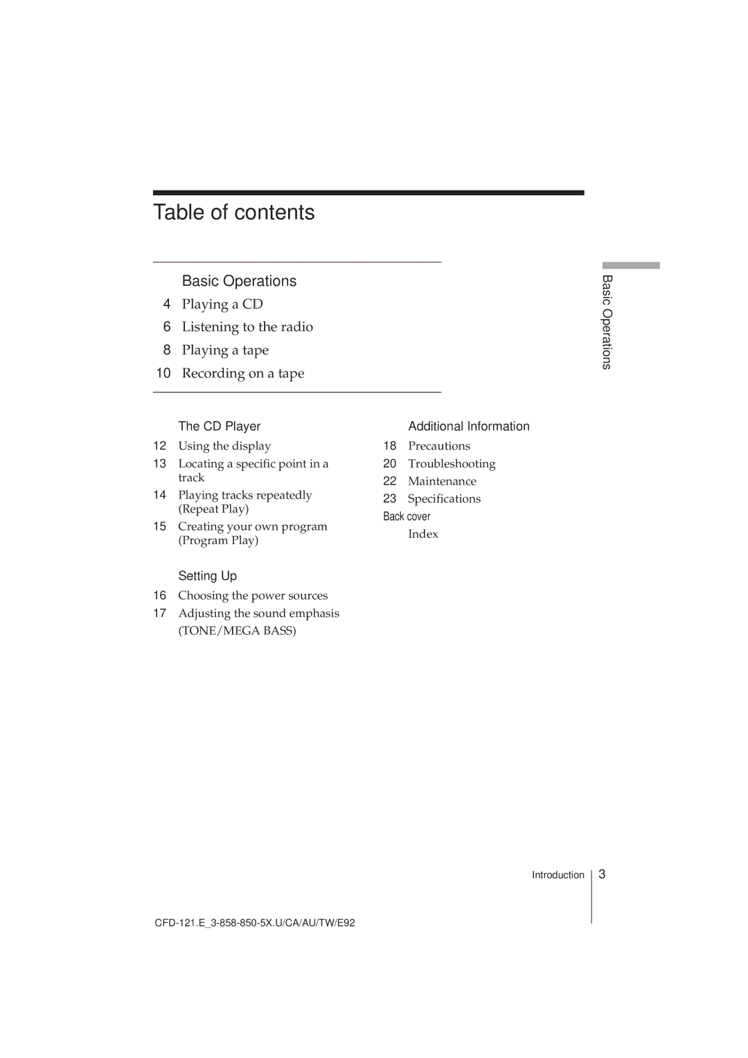 Sony CFD-121 manual Table of contents 