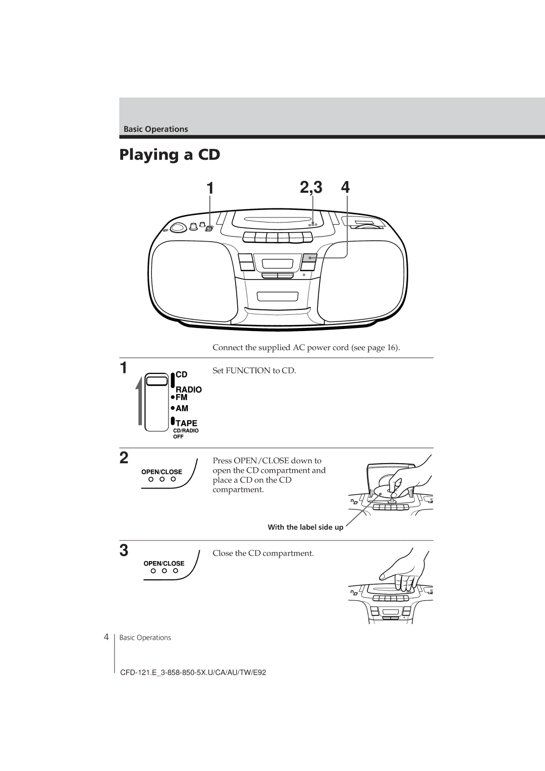 Sony CFD-121 manual Playing a CD, Basic Operations, With the label side up 