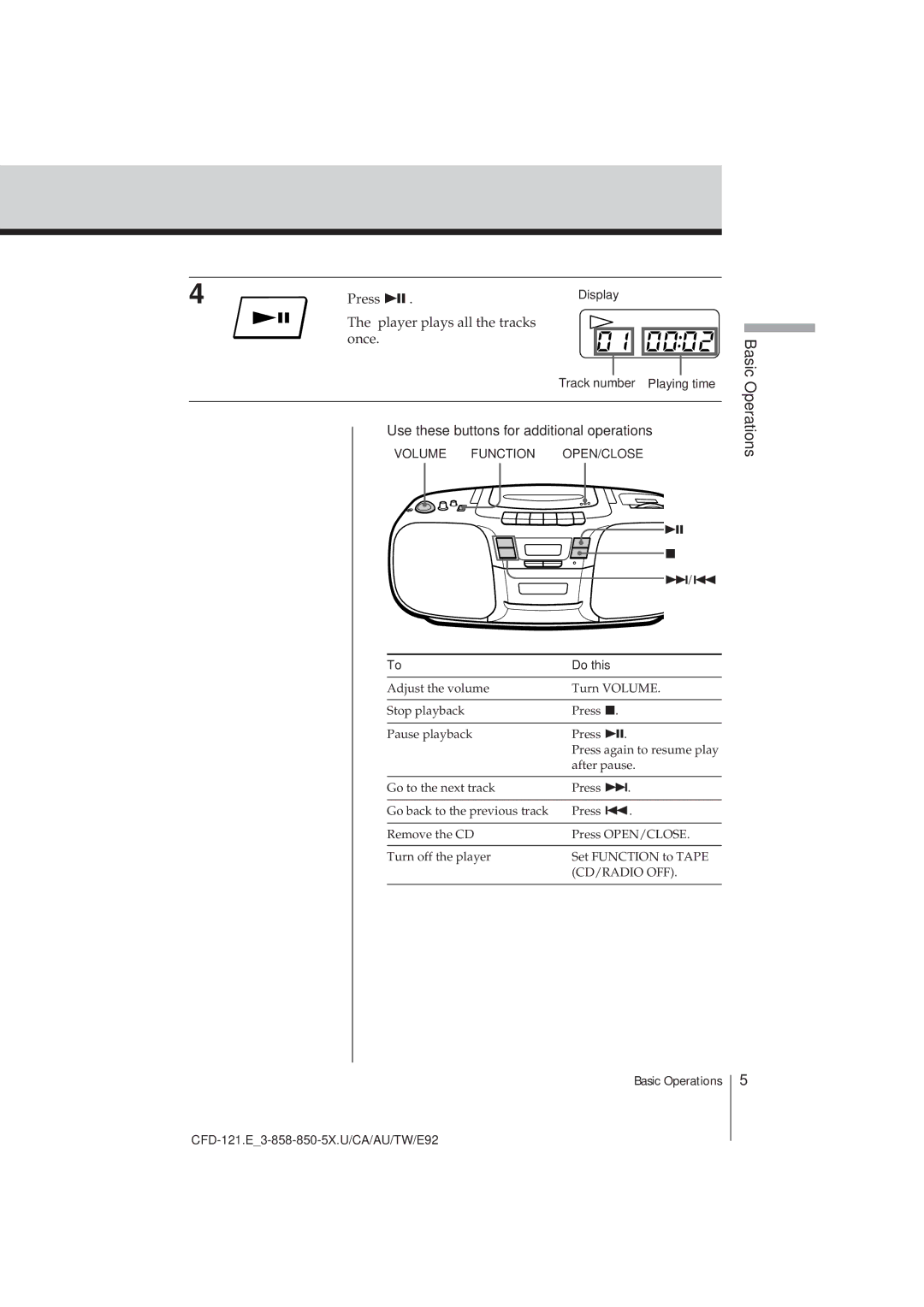 Sony CFD-121 manual Basic Operations, Use these buttons for additional operations, Track number Playing time, Do this 