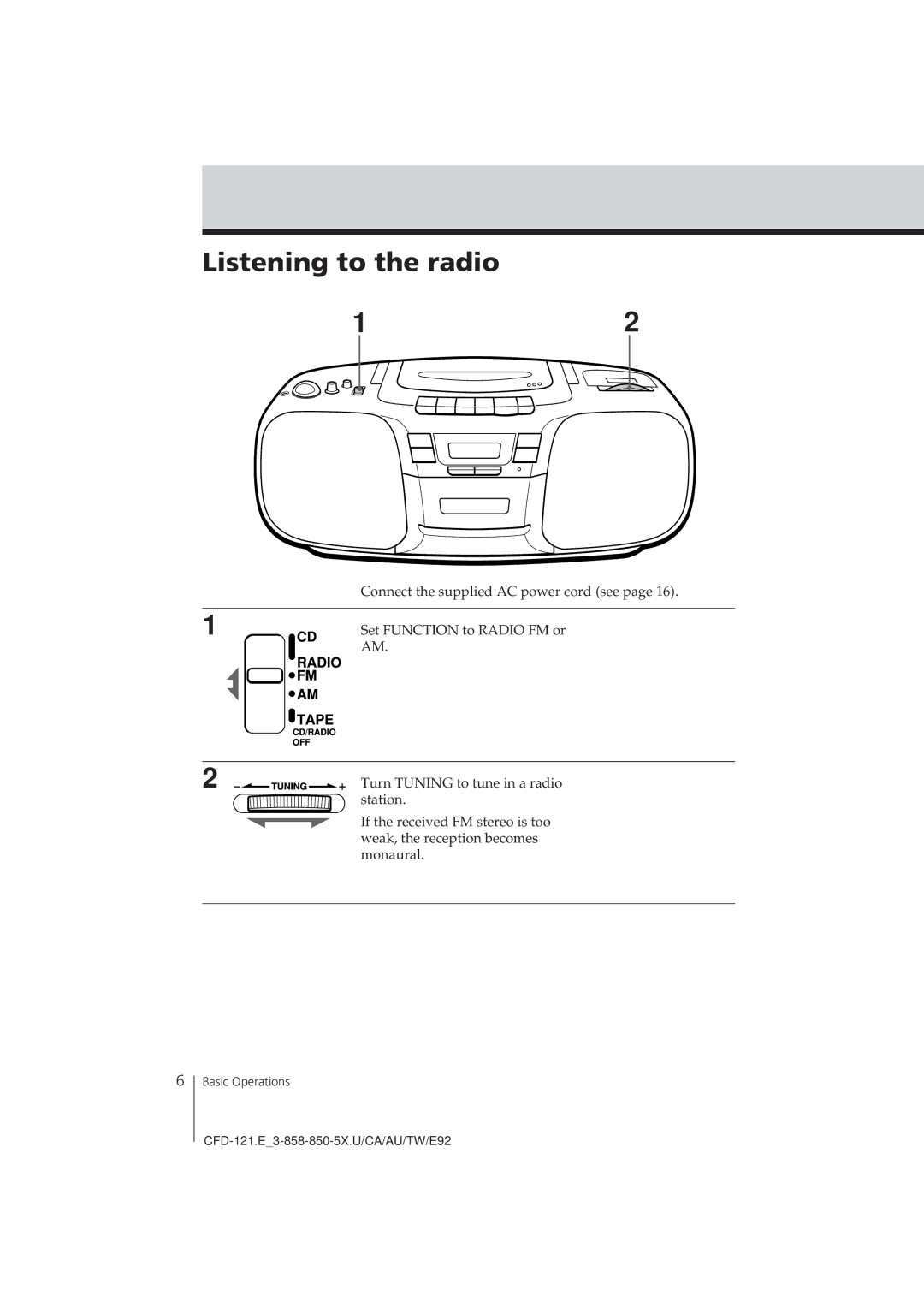 Sony CFD-121 manual Listening to the radio 