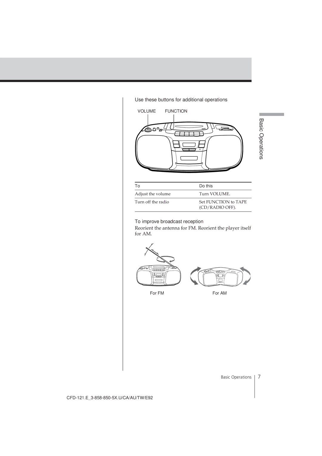 Sony CFD-121 manual To improve broadcast reception, For FM 