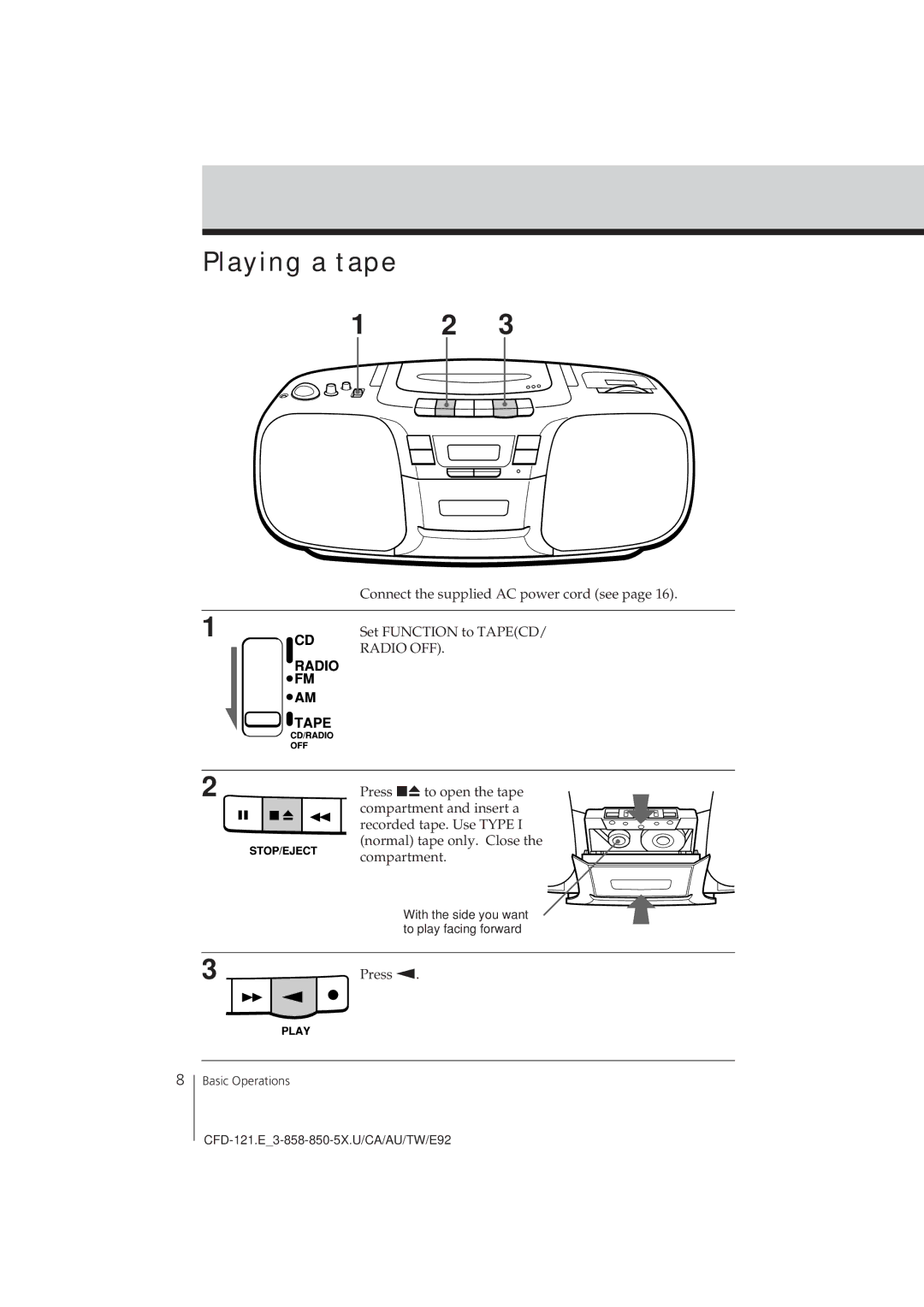 Sony CFD-121 manual Playing a tape, Radio OFF 