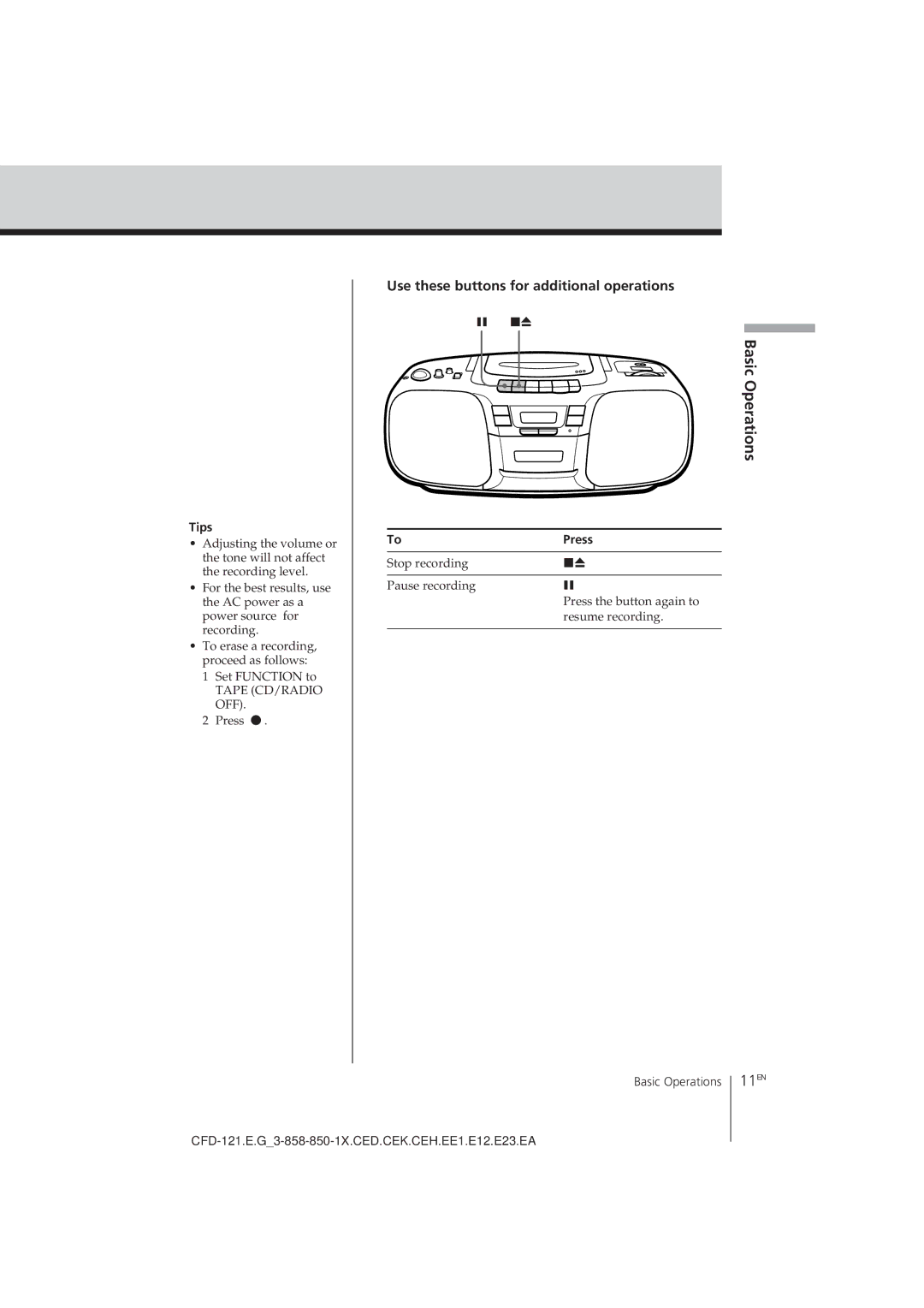 Sony CFD-121 operating instructions 11EN, Tips, Press 