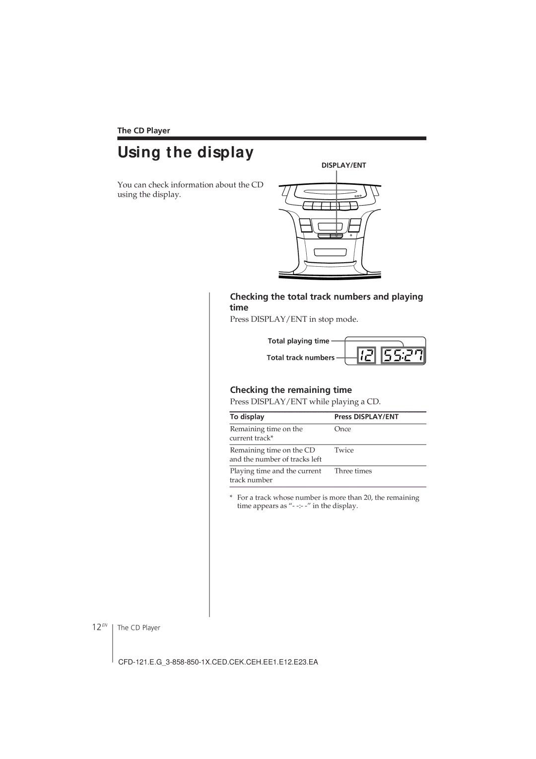 Sony CFD-121 Using the display, Checking the total track numbers and playing time, 12EN, Checking the remaining time 
