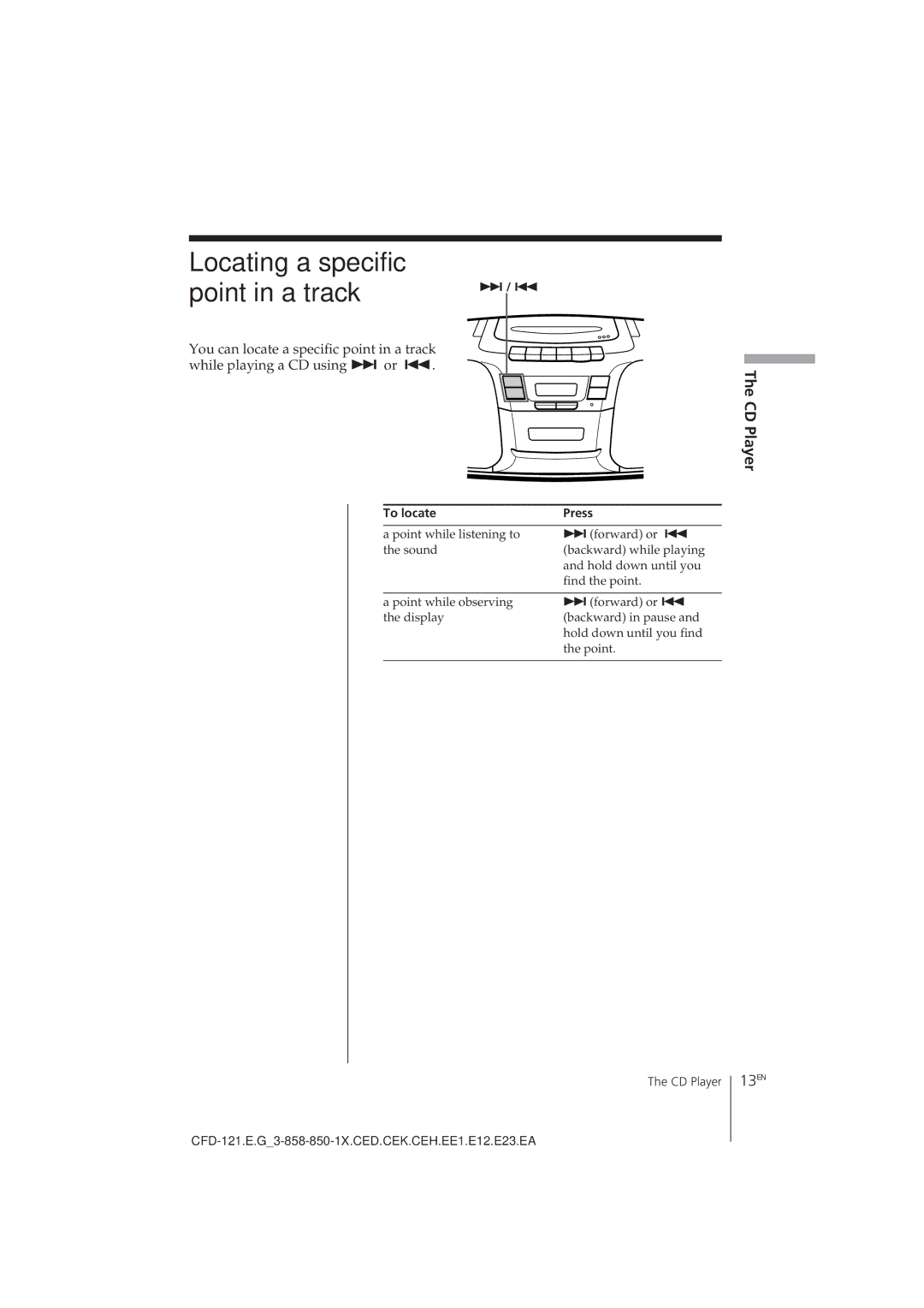 Sony CFD-121 operating instructions Locating a specific Point in a track, CD Player, 13EN, To locate Press 