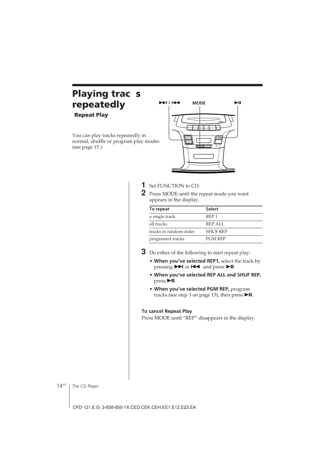 Sony CFD-121 operating instructions Playing tracks Repeatedly, 14EN, Repeat Play, + / = Mode, To repeat Select 