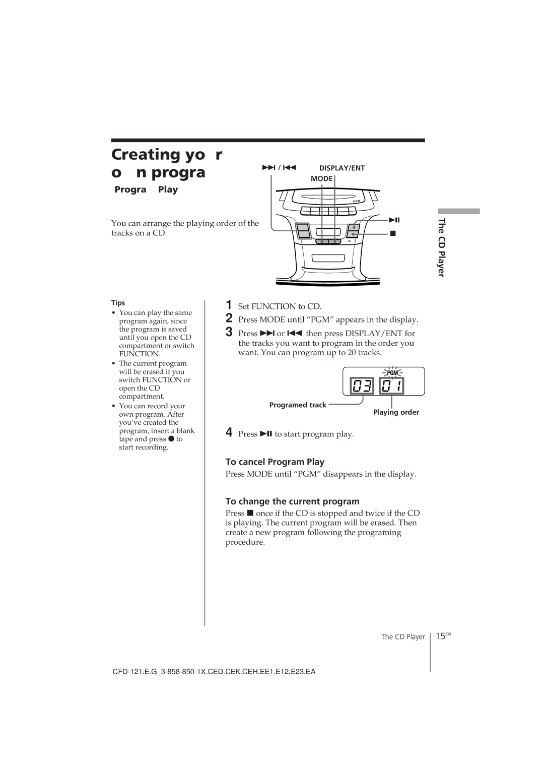 Sony CFD-121 Creating your Own program, To cancel Program Play, To change the current program, 15EN 