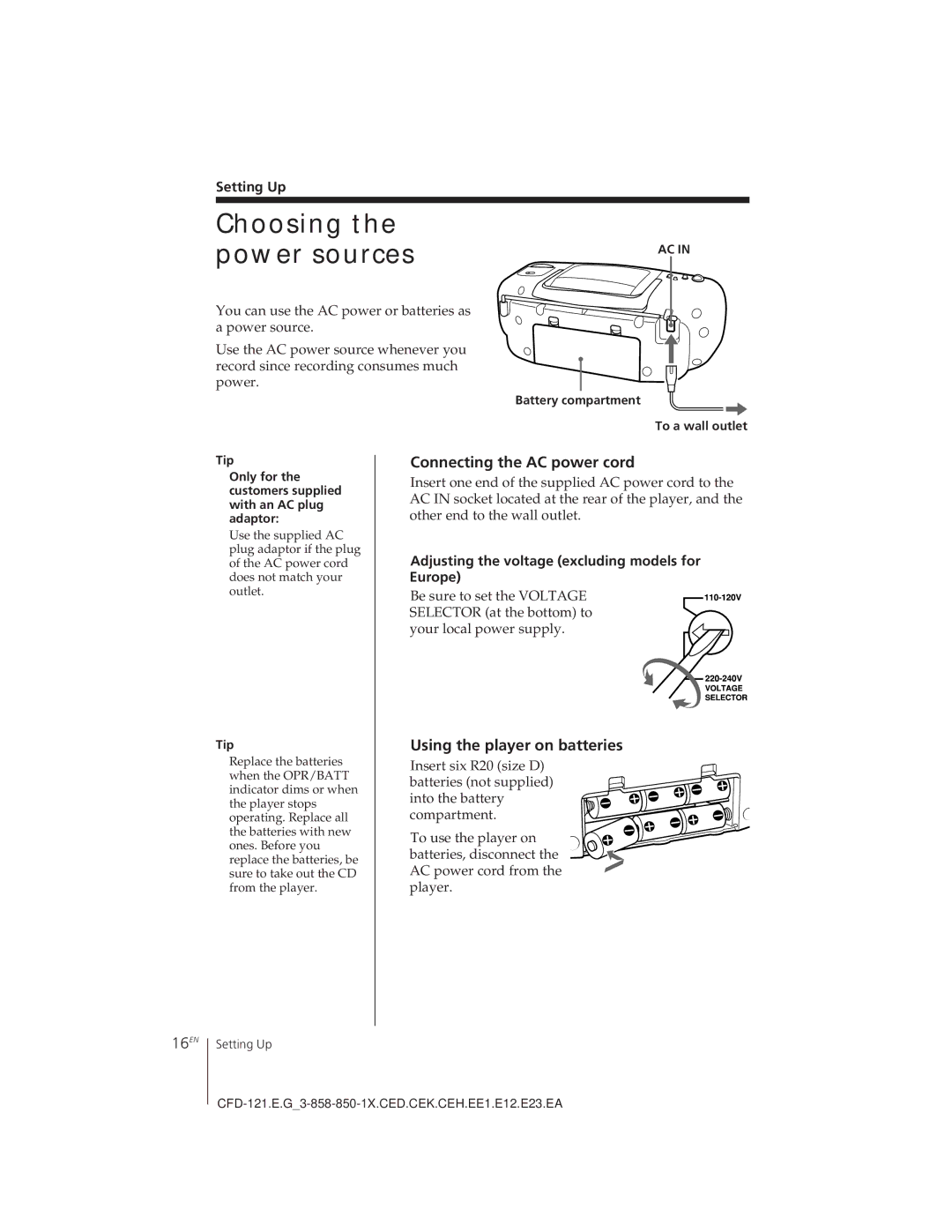 Sony CFD-121 Choosing the power sources, Connecting the AC power cord, Using the player on batteries, 16EN 