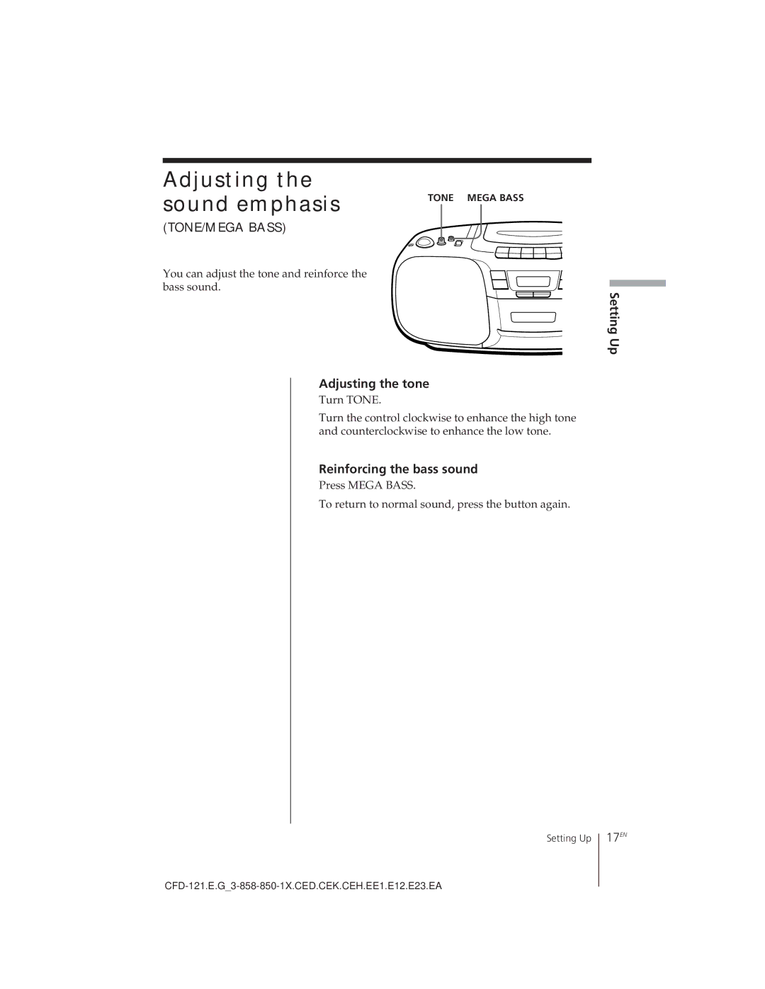 Sony CFD-121 Adjusting the sound emphasis, Setting Up Adjusting the tone, Reinforcing the bass sound, 17EN 