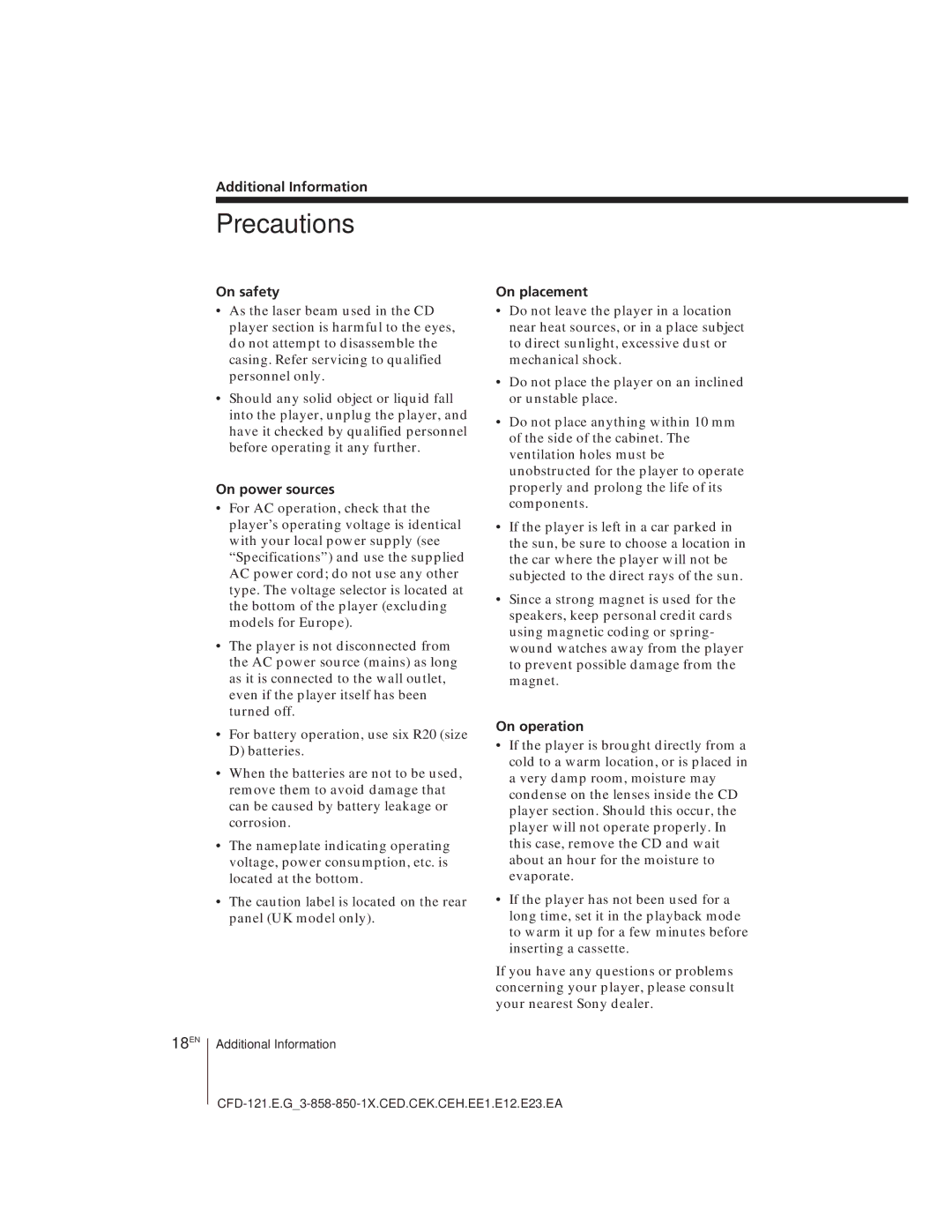 Sony CFD-121 operating instructions Precautions, 18EN 