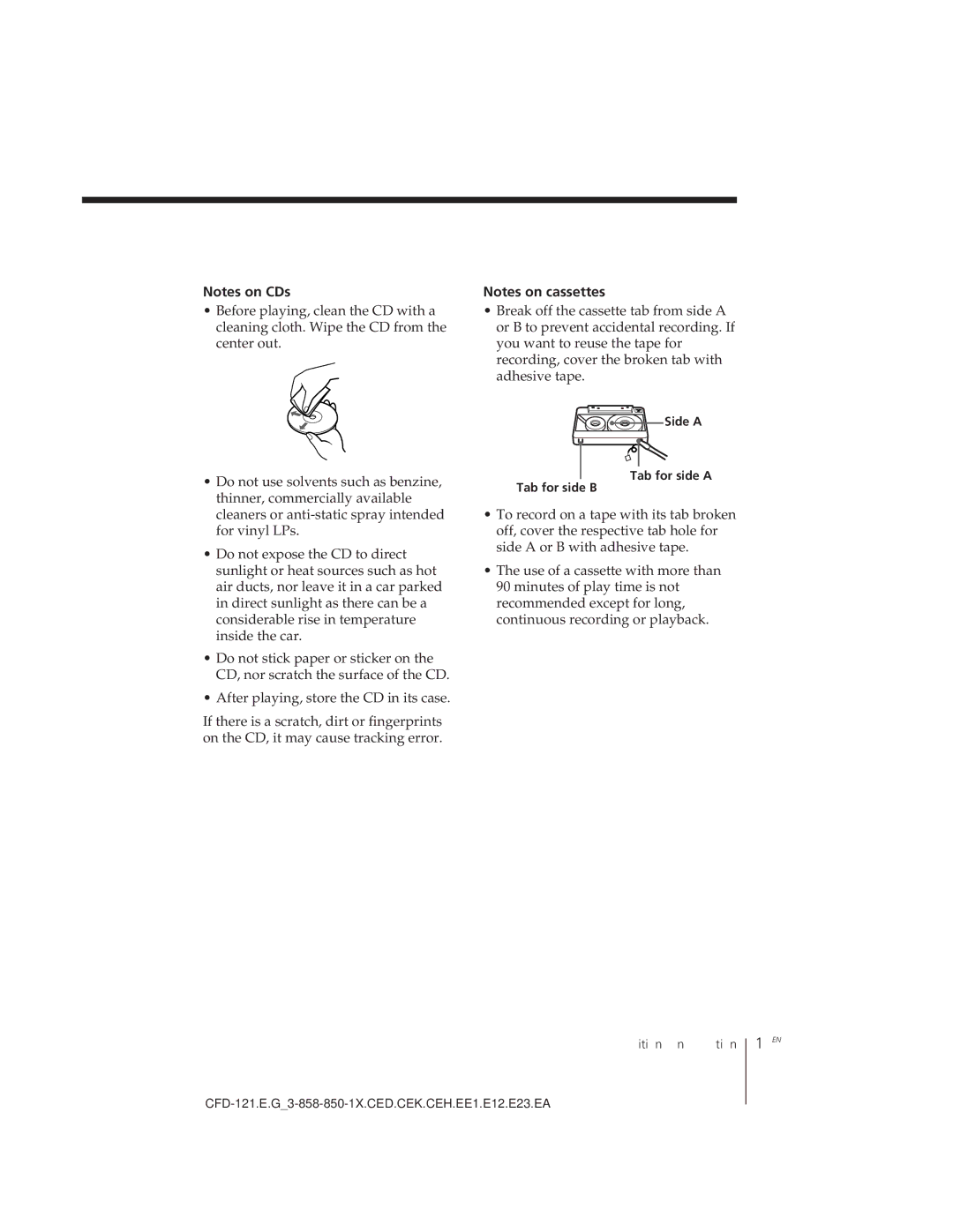 Sony CFD-121 operating instructions 19EN, Side a, Tab for side a Tab for side B 