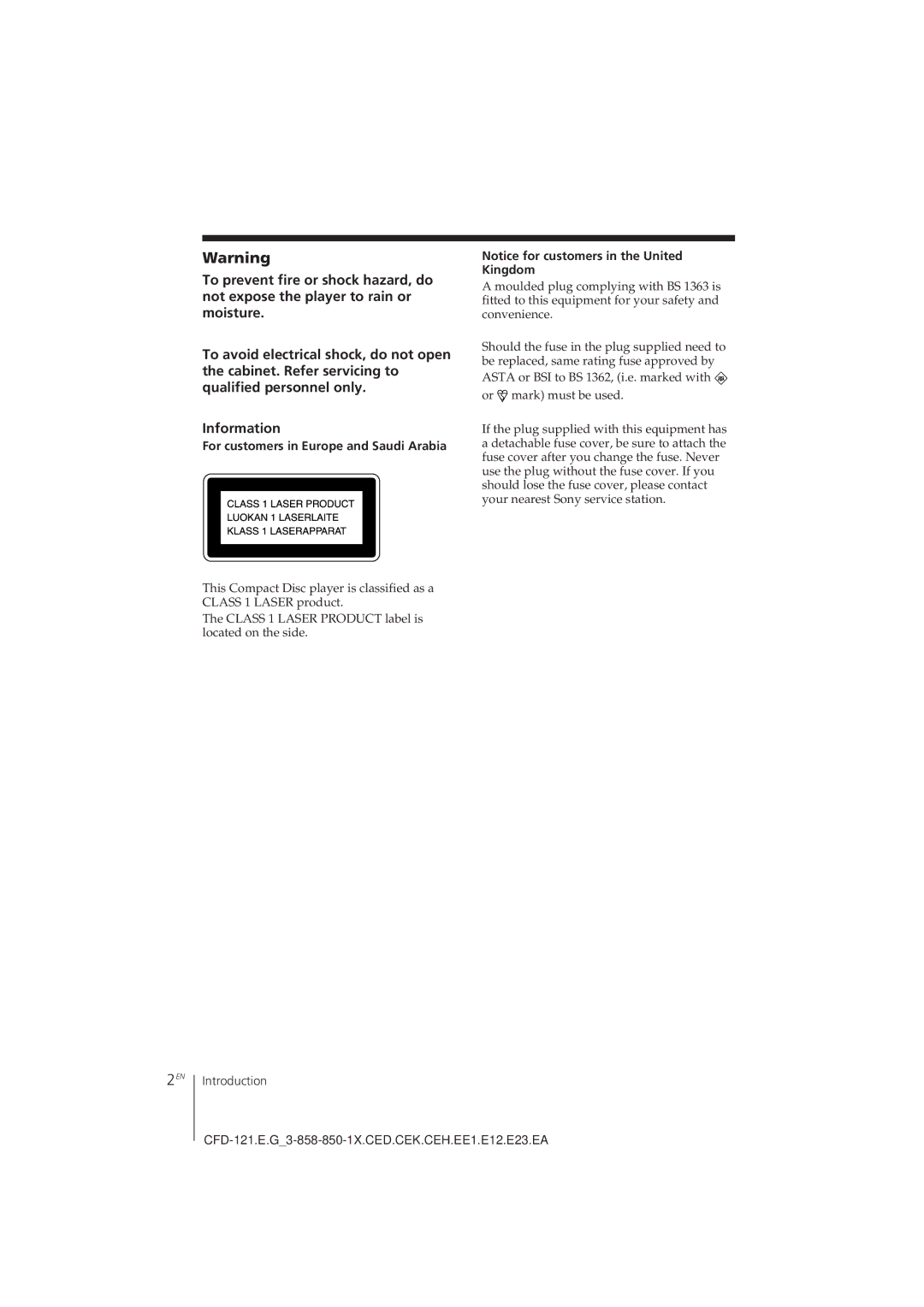 Sony CFD-121 operating instructions For customers in Europe and Saudi Arabia 