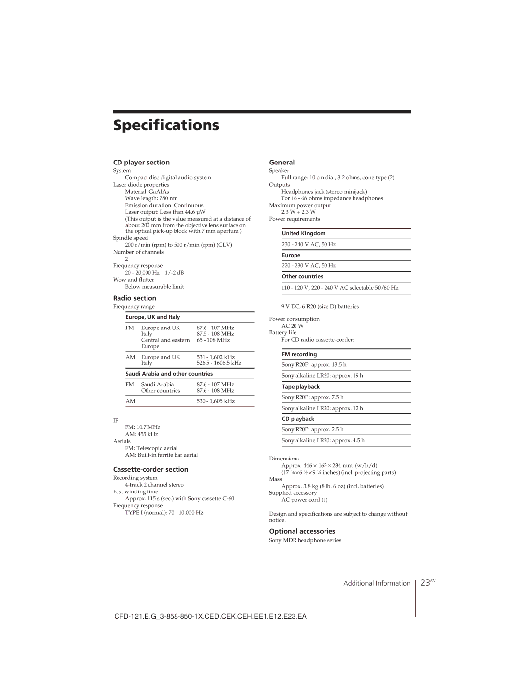 Sony CFD-121 operating instructions Specifications, 23EN 