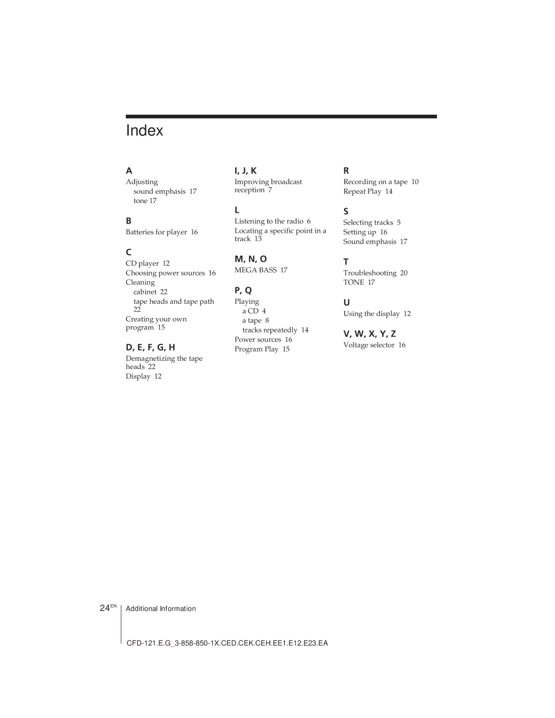 Sony CFD-121 operating instructions Index, F, G, H, X, Y, Z 