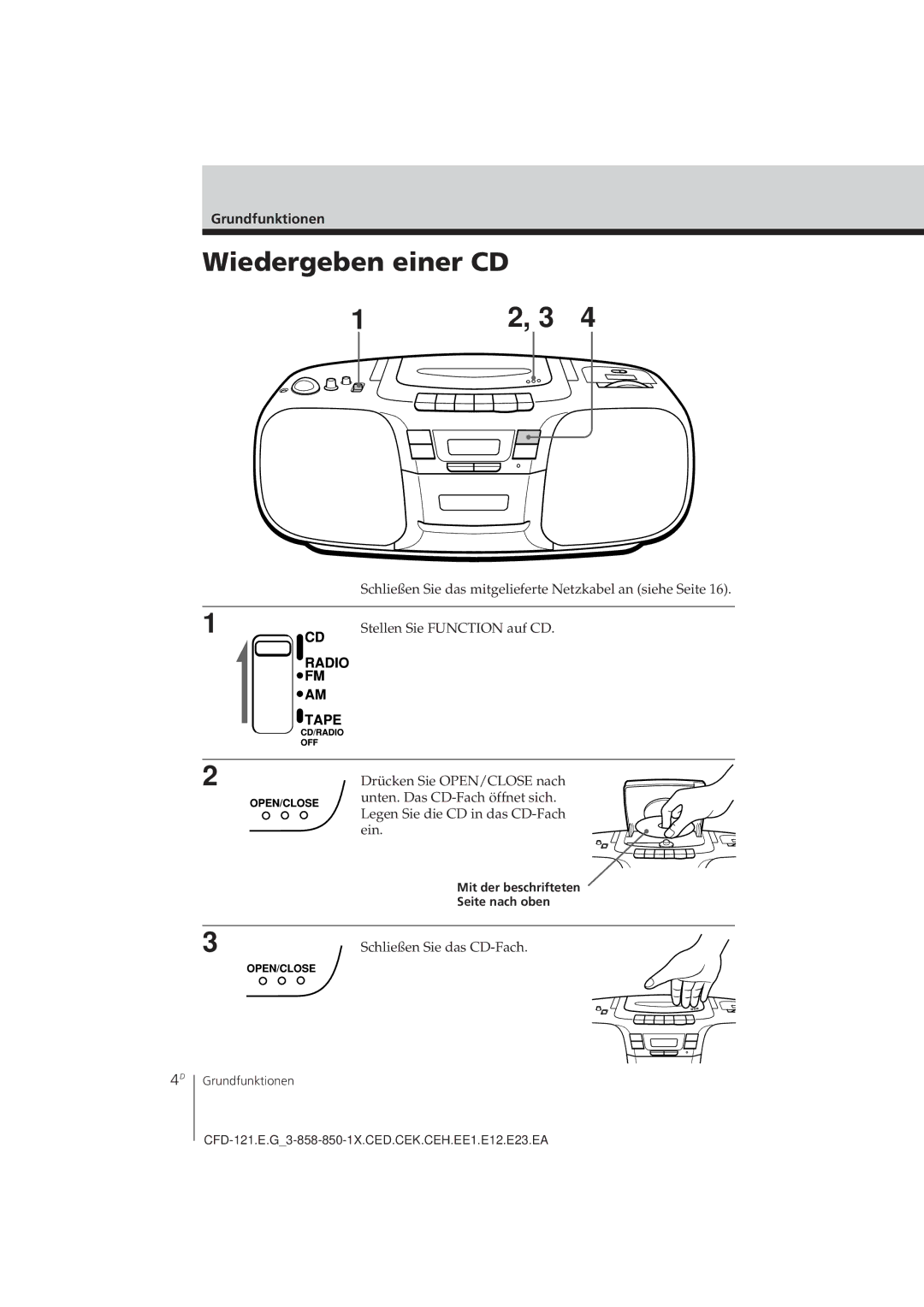 Sony CFD-121 operating instructions Wiedergeben einer CD, Grundfunktionen, Mit der beschrifteten Seite nach oben 