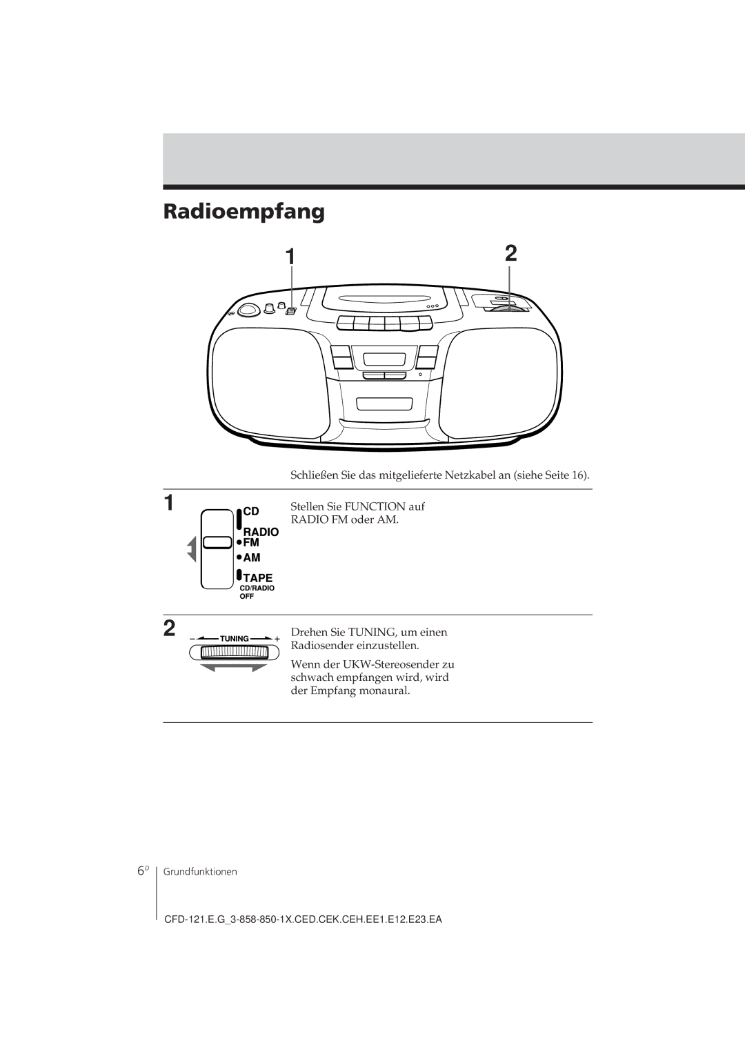 Sony CFD-121 operating instructions Radioempfang 