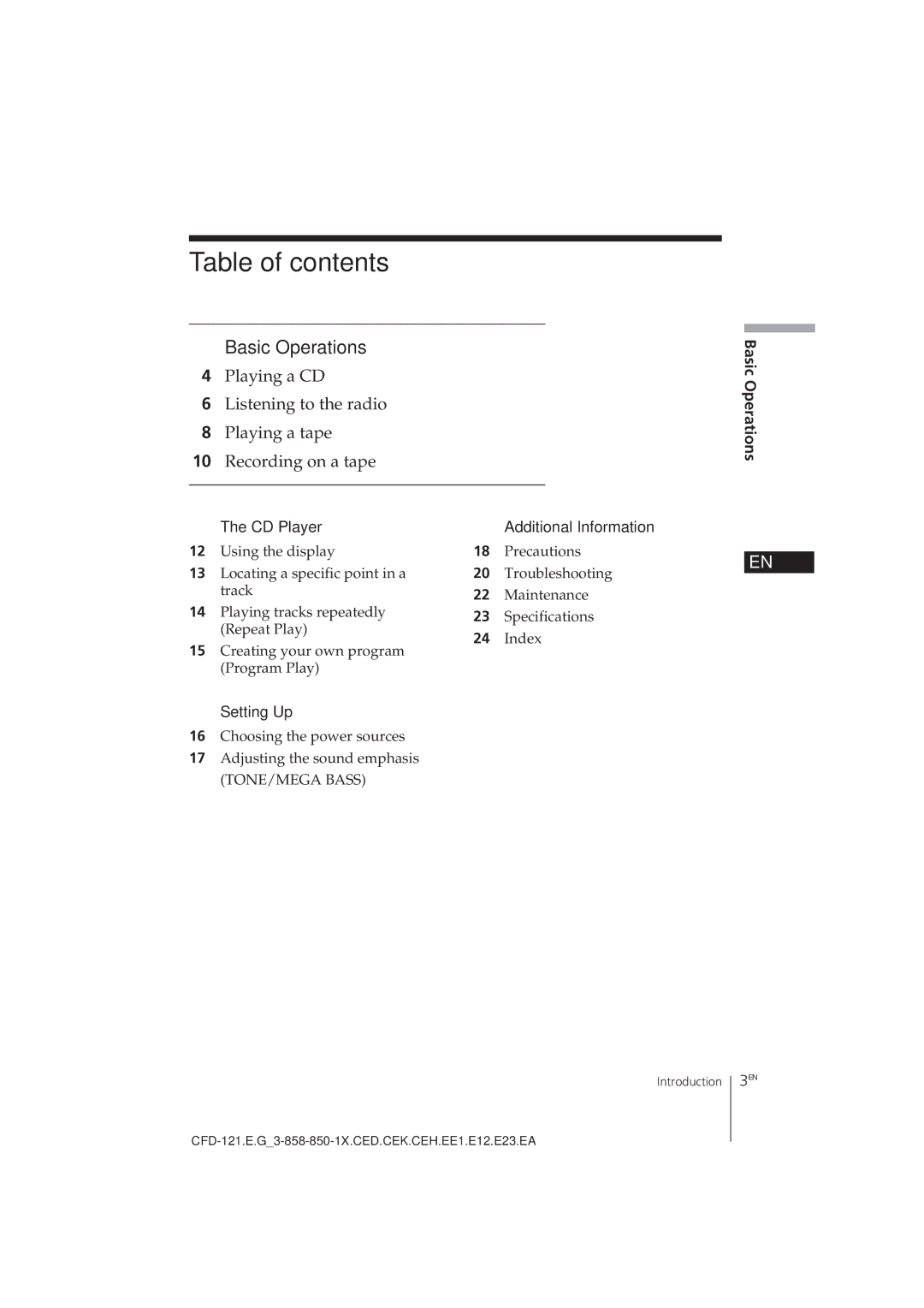 Sony CFD-121 operating instructions Table of contents 