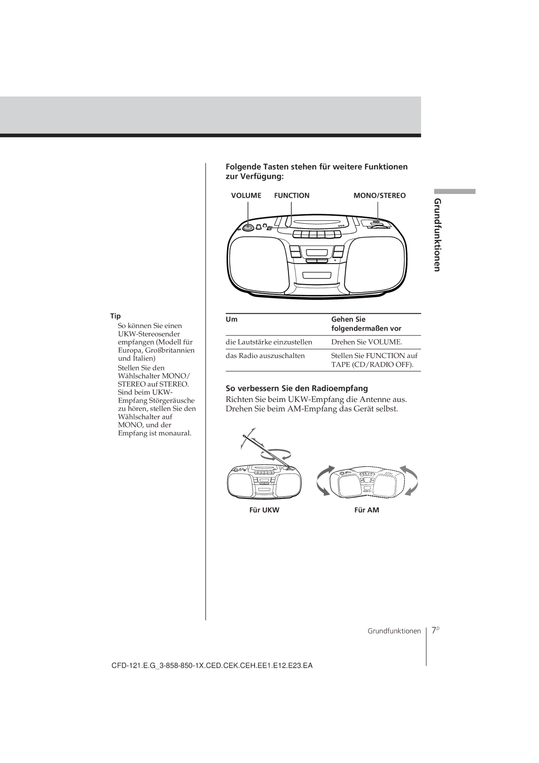 Sony CFD-121 operating instructions So verbessern Sie den Radioempfang, Für UKW 