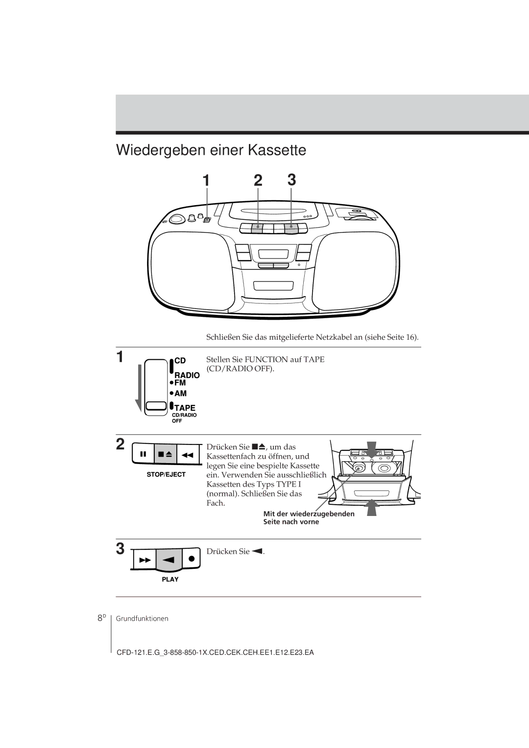 Sony CFD-121 operating instructions Wiedergeben einer Kassette, Seite nach vorne 