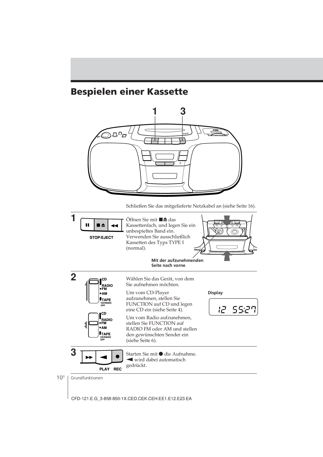 Sony CFD-121 operating instructions Bespielen einer Kassette, 10D 