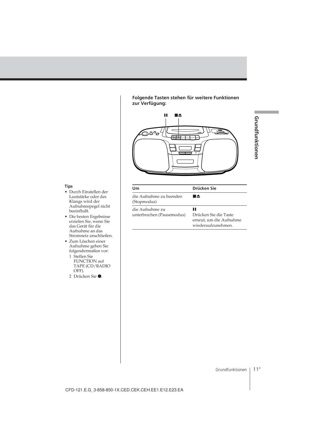 Sony CFD-121 operating instructions 11D, Drücken Sie 