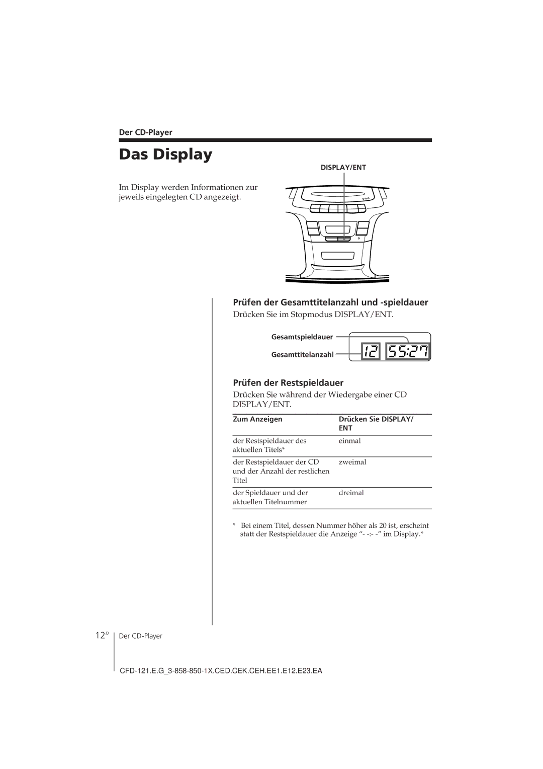 Sony CFD-121 Das Display, Prüfen der Gesamttitelanzahl und -spieldauer, 12D, Prüfen der Restspieldauer, Der CD-Player 