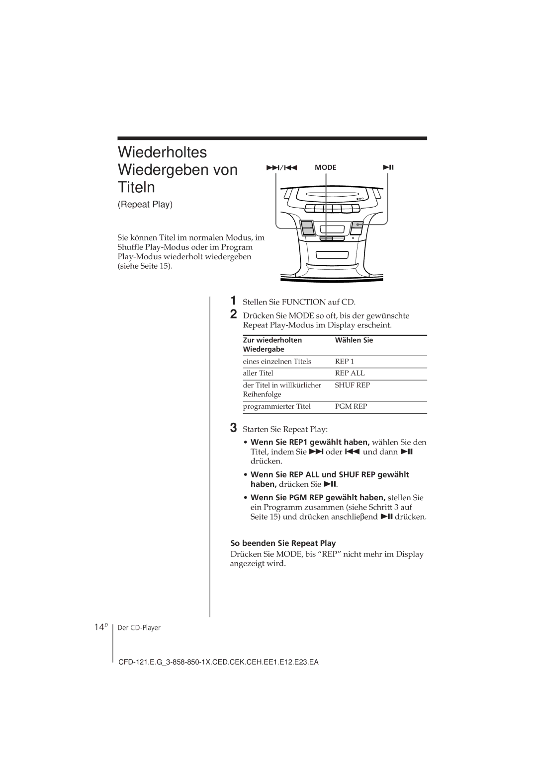 Sony CFD-121 operating instructions Wiederholtes Wiedergeben von +/= Mode Titeln, 14D, So beenden Sie Repeat Play 