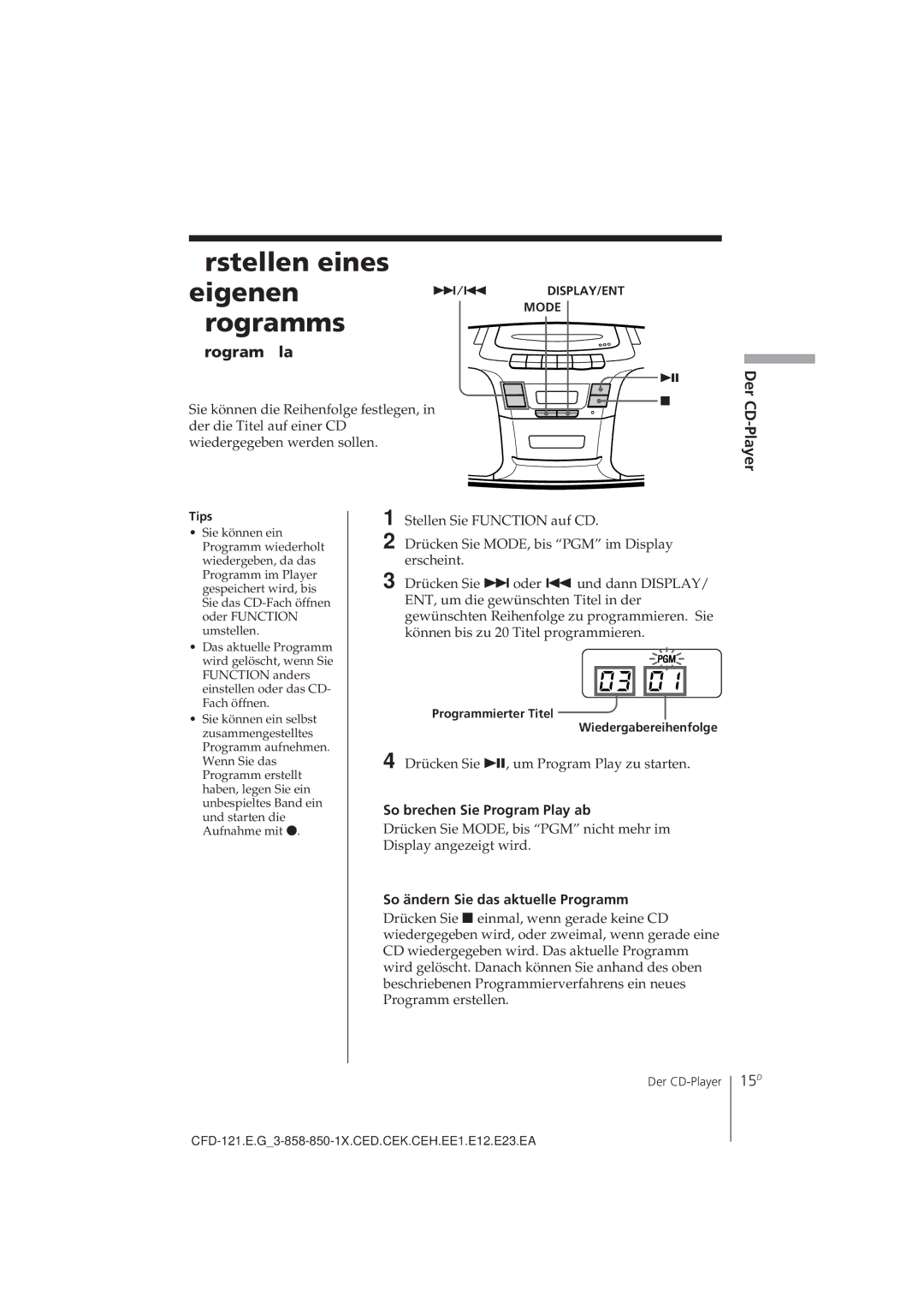 Sony CFD-121 operating instructions Erstellen eines, Programms, 15D, So brechen Sie Program Play ab 