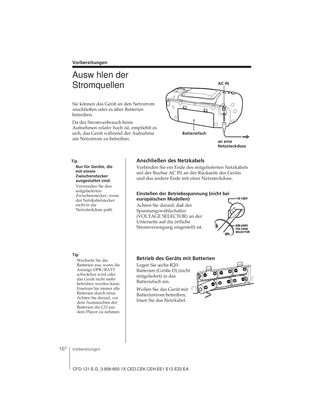 Sony CFD-121 Auswählen der Stromquellen, 16D, Anschließen des Netzkabels, Betrieb des Geräts mit Batterien, Vorbereitungen 