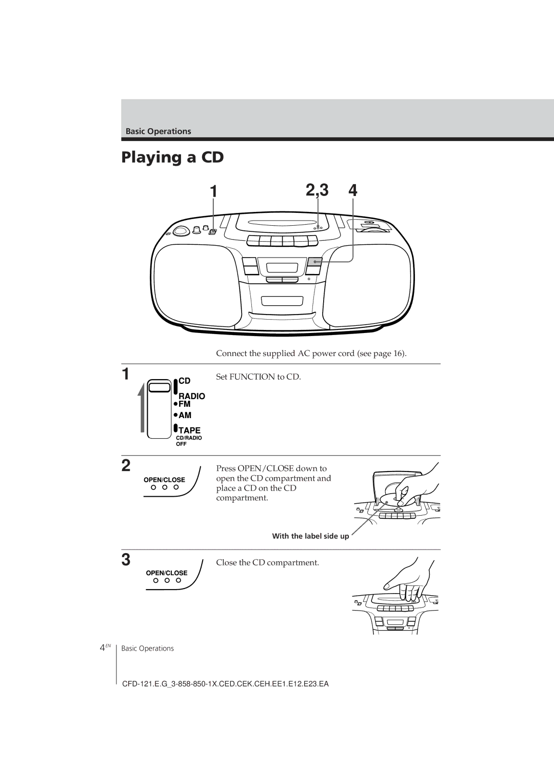 Sony CFD-121 operating instructions Playing a CD, Basic Operations, With the label side up 