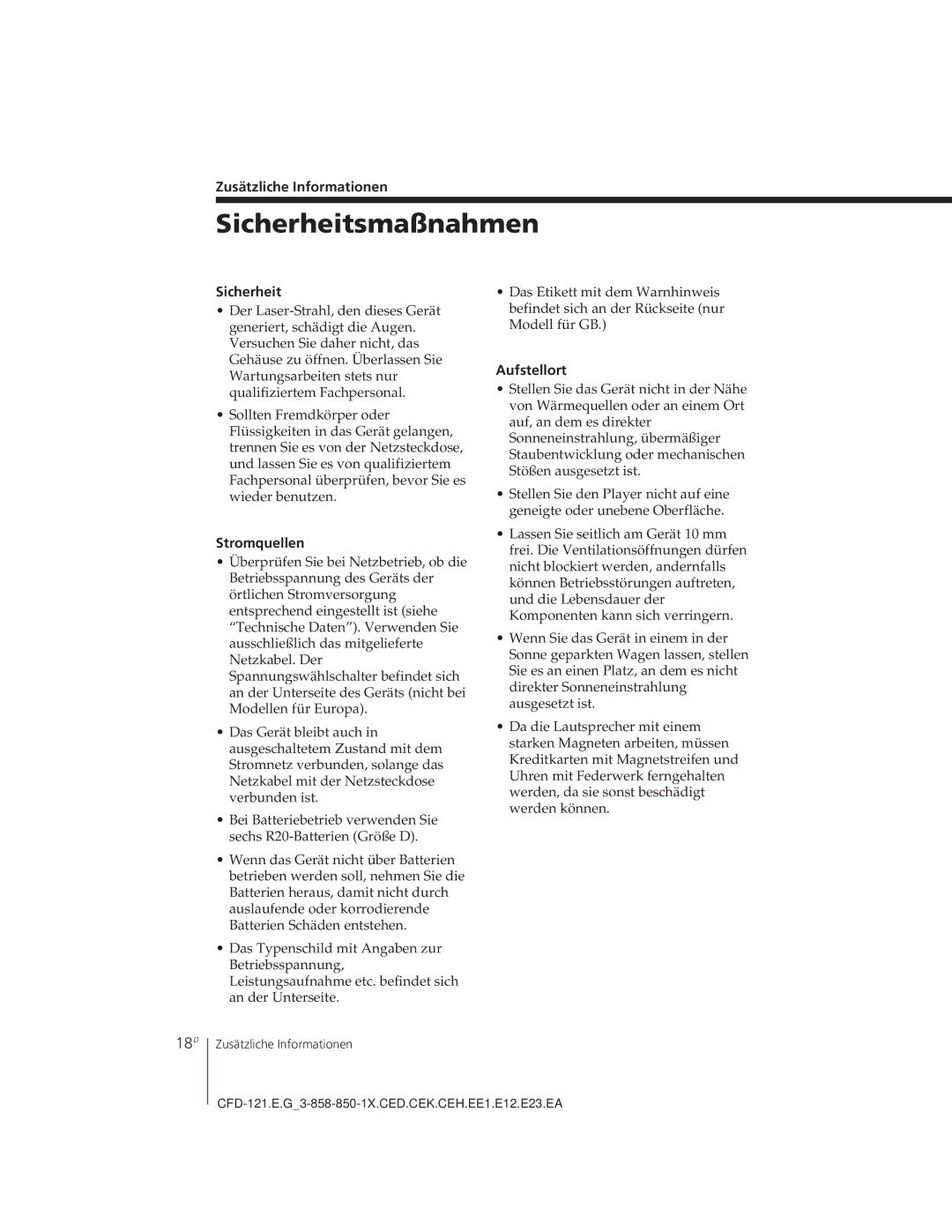 Sony CFD-121 operating instructions Sicherheitsmaßnahmen, 18D 