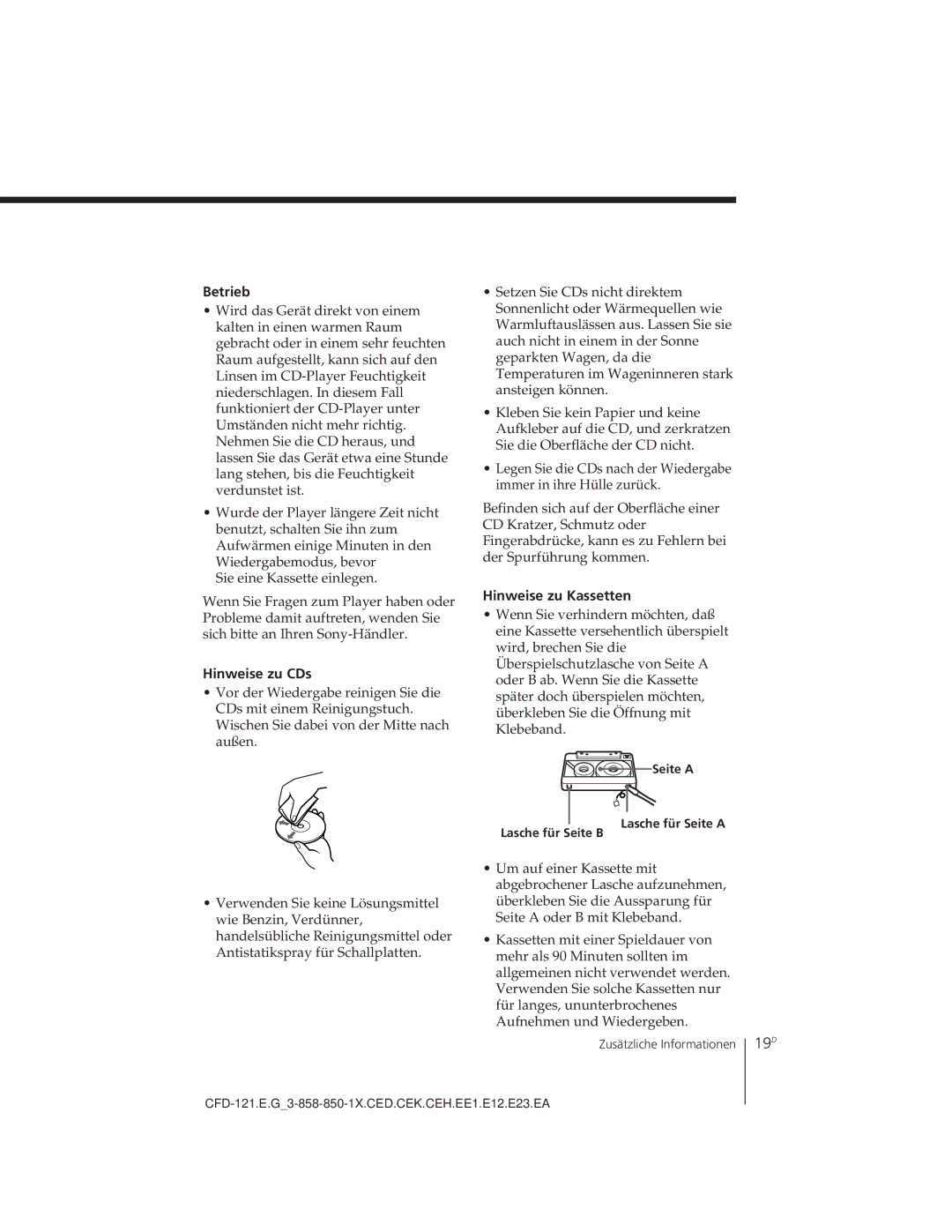 Sony CFD-121 19D, Betrieb, Hinweise zu CDs, Hinweise zu Kassetten, Seite a Lasche für Seite a Lasche für Seite B 