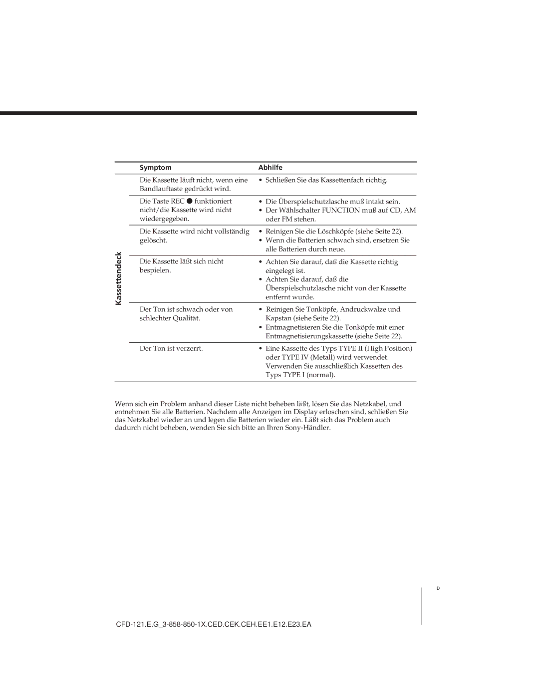 Sony CFD-121 operating instructions 21D, Kassettendeck 