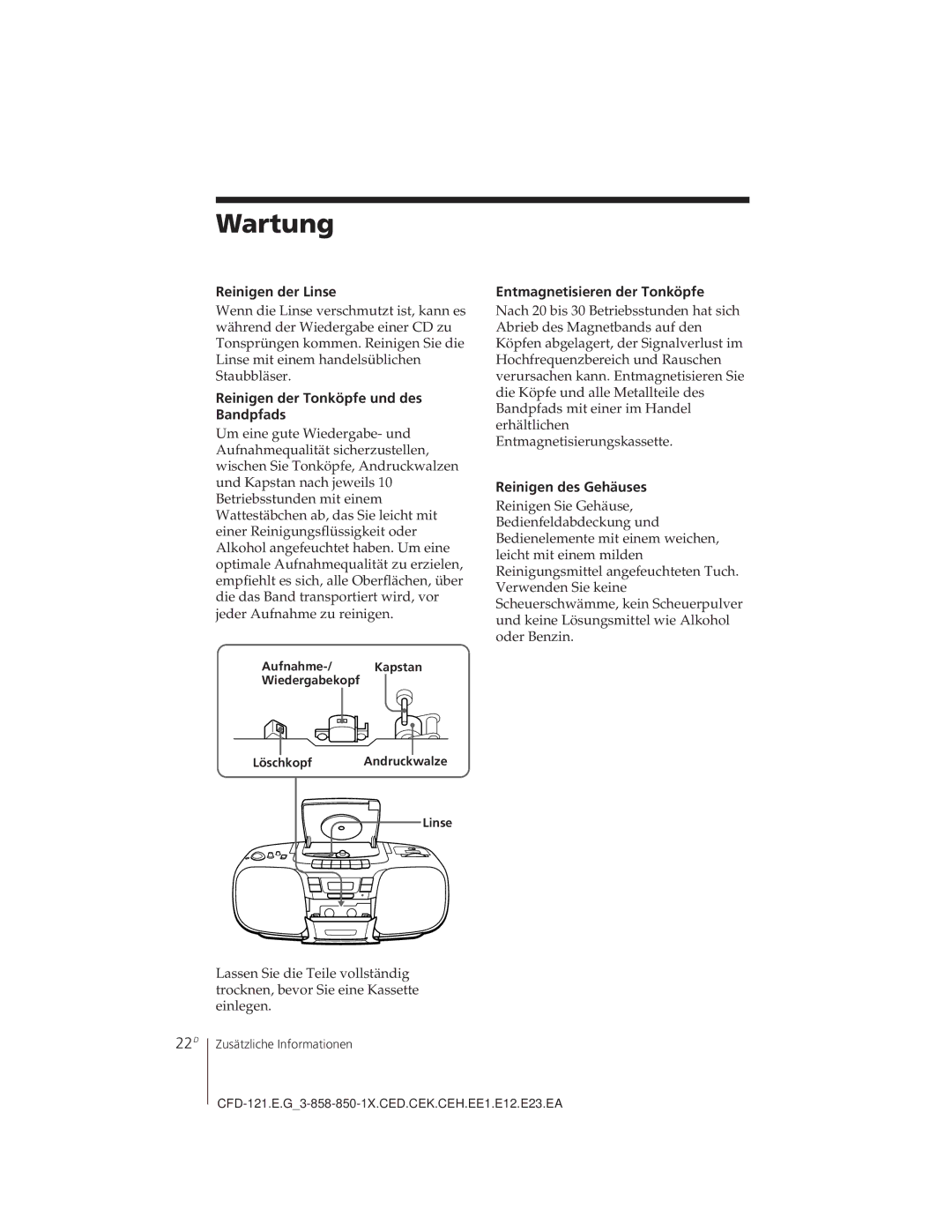 Sony CFD-121 operating instructions Wartung, 22D 