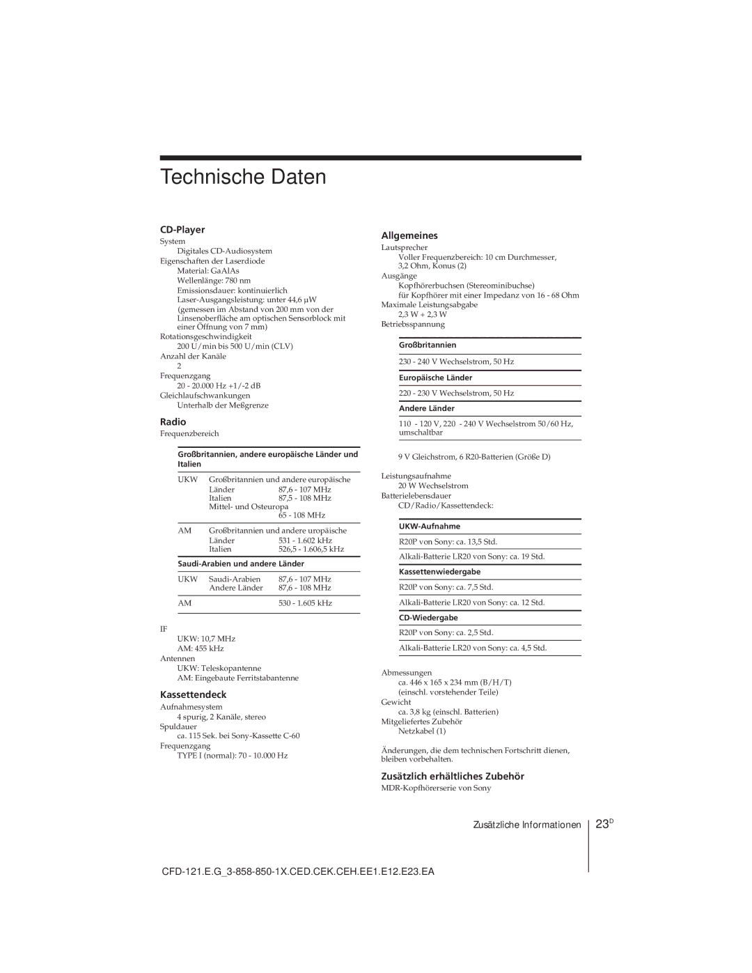 Sony CFD-121 operating instructions Technische Daten, 23D 