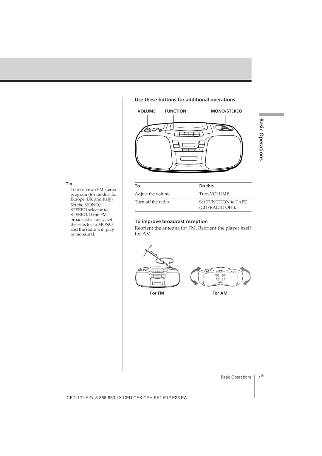 Sony CFD-121 operating instructions To improve broadcast reception, Tip, For FM 