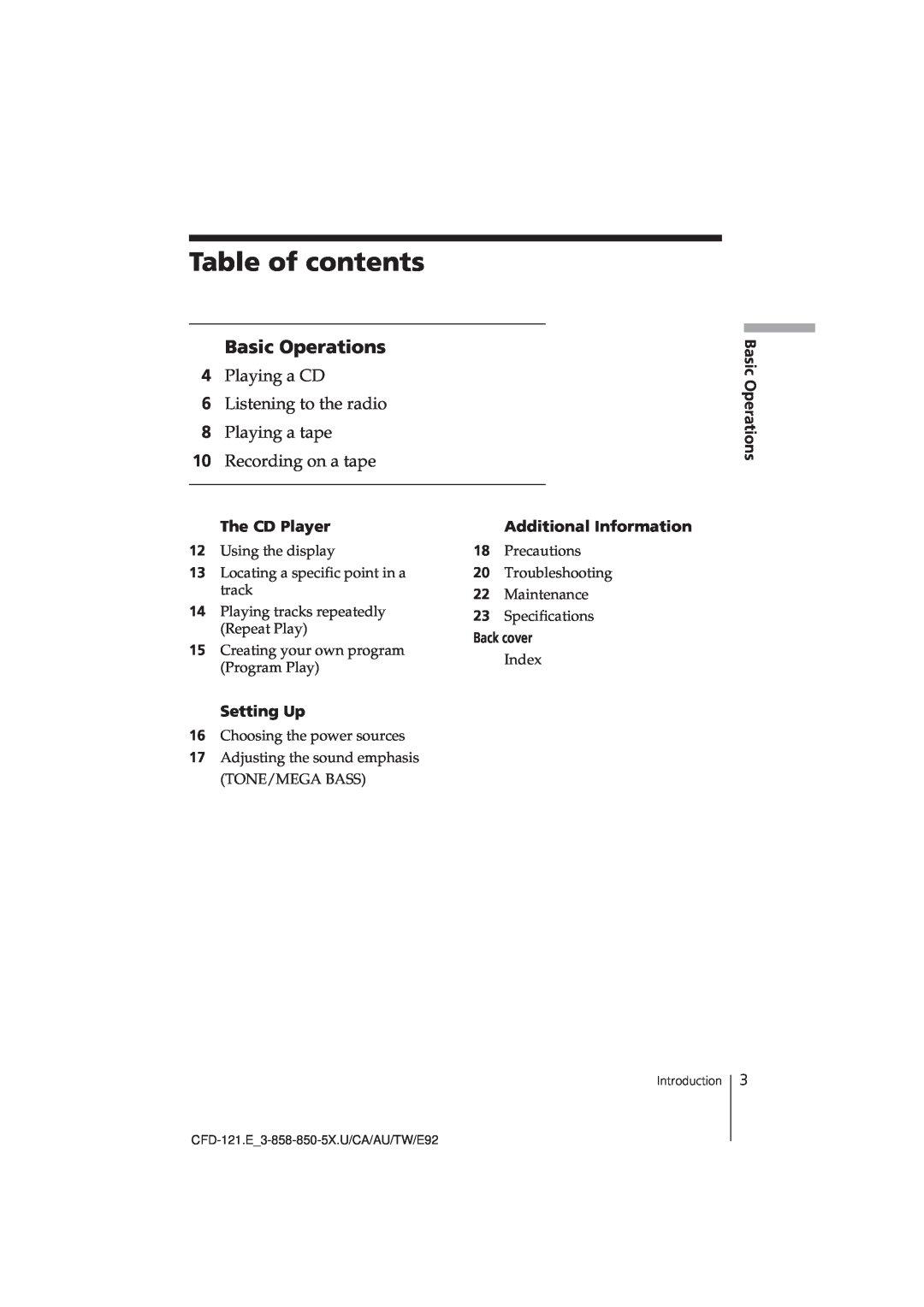 Sony CFD-121 manual Table of contents, Basic Operations, The CD Player, Additional Information, Back cover, Setting Up 