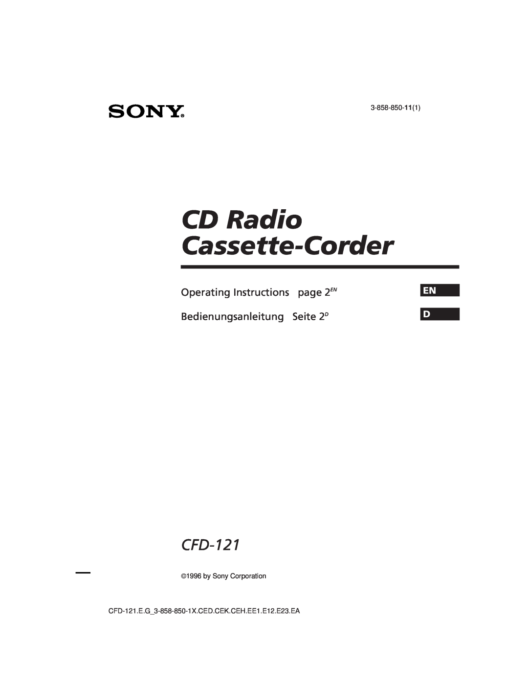 Sony CFD-121 operating instructions CD Radio Cassette-Corder, Operating Instructions, page 2EN, Bedienungsanleitung 