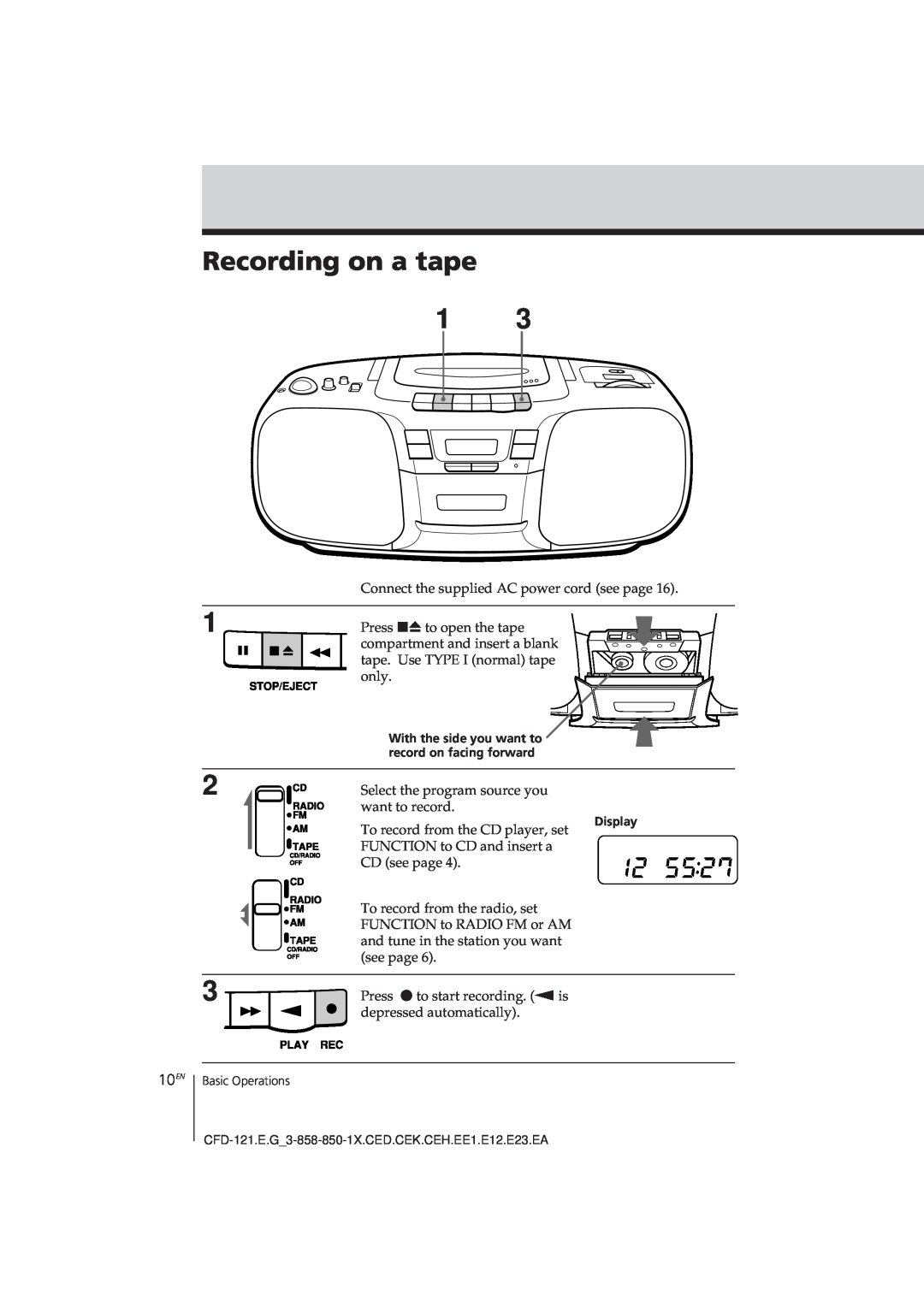 Sony CFD-121 operating instructions Recording on a tape, 10EN 